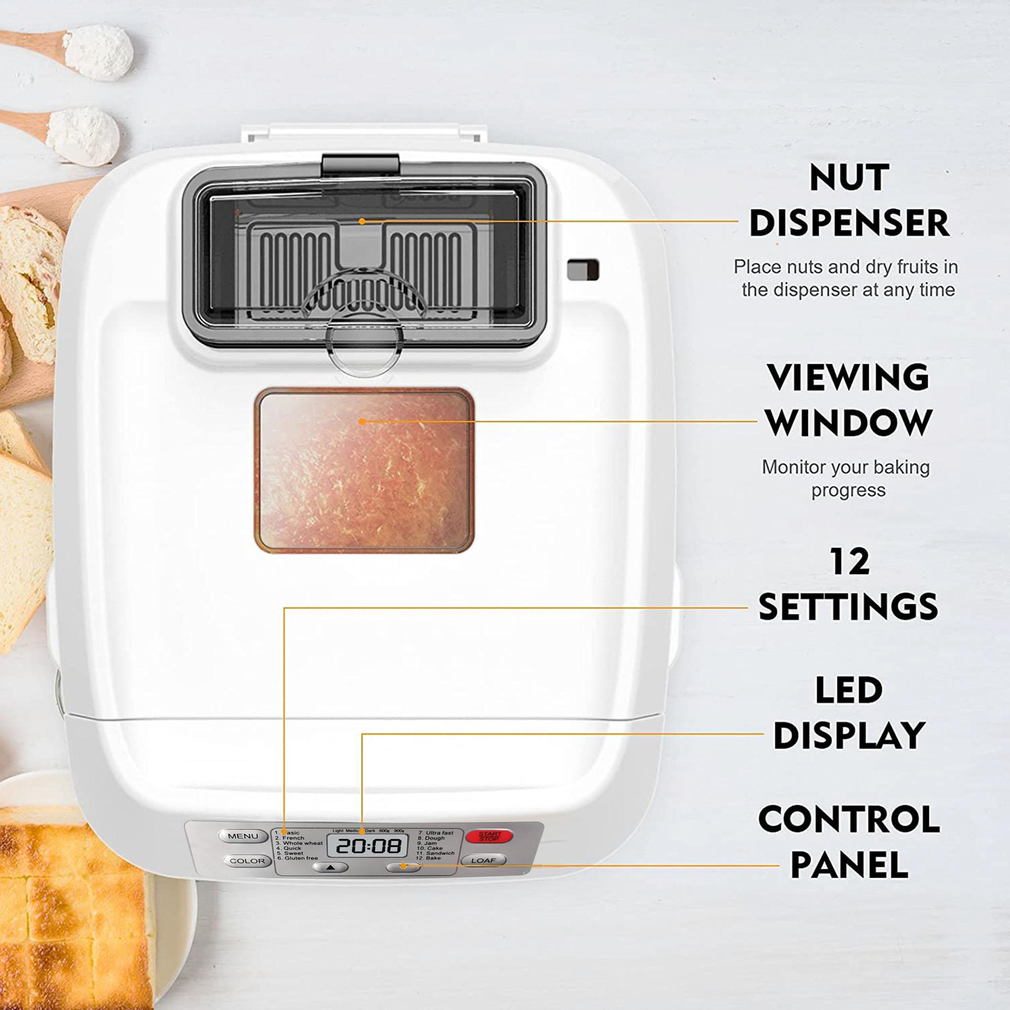 Automatic Bread Maker, Up to 2LB, 12-in-1 Bread Machine with Auto Fruit Nut Dispenser, 13 H Timer, 1 H Keep Warm, Gluten-Free, 3 Crust Colors Automatic Bread Maker, Up to 2LB, 12-in-1 Bread Machine with Auto Fruit Nut Dispenser, 13 H Timer, 1 H Keep Warm, Gluten-Free, 3 Crust Colors