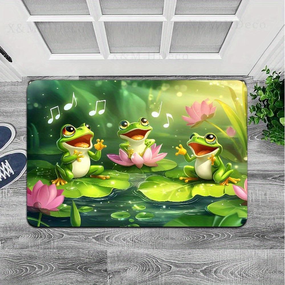 Machine Washable Polyester Frogs Singing Cartoon Design Area Rug - Non-Slip Rectangle Doormat for Living Room, Bedroom, Bathroom, Kitchen - Indoor Decorative Floor Mat with PVC Backing