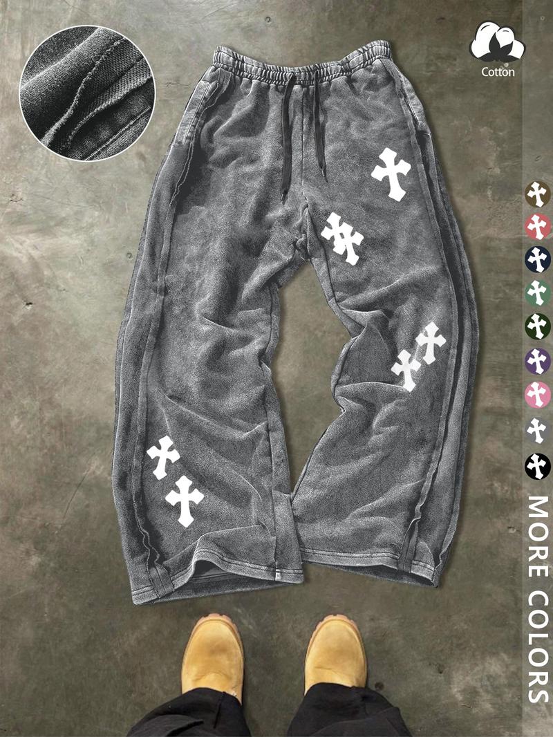 Unisex Street Style Cross Print Cotton Sweatpants, Loose Fit, Elastic Waist, Washed Cotton Fabric, Casual Fashion, Y2K.men's gift