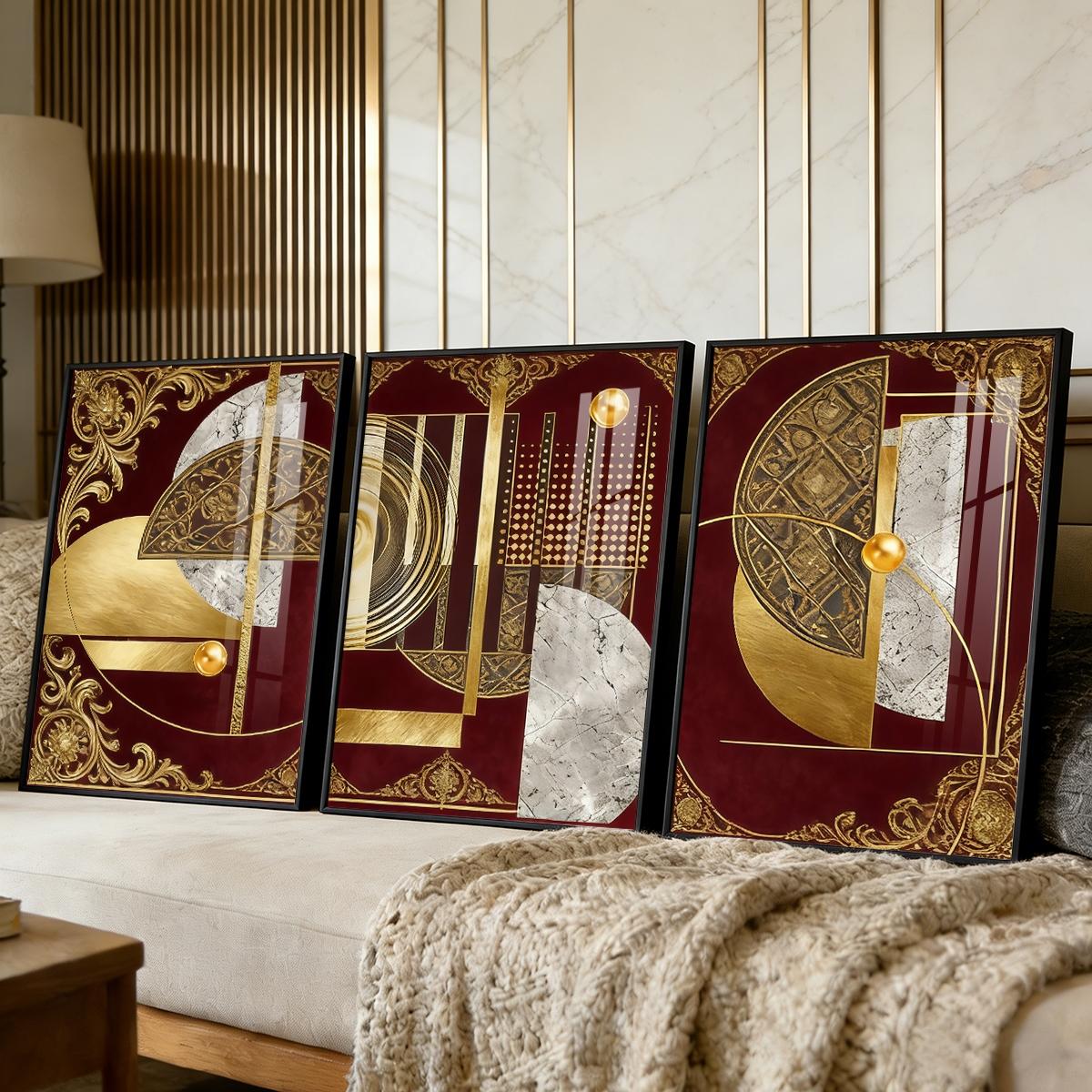 3 Counts Aluminum Alloy Framed Painting, Abstract Geometric Gold And Burgundy Art, Home Decoration For Living Room, Bedroom, Office, Restaurant, Hallway Wall Decor, Odorless Print Artwork, Luxury Perfect Gift For Friends And Family