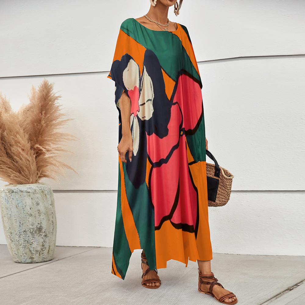 Bsubseach Women Ethnic Print Kaftan Dress ，Plus Size All Over Print  Sleeve TunicDress, Boho Casual V Neck 3/4 Sleeve TunicDress for Women, Women's Plus Cover Up,Mrs. Roper Kaftan ，bubu，mumu，Casual Womenswear Summer Bohemian Tangerine Hibiscus