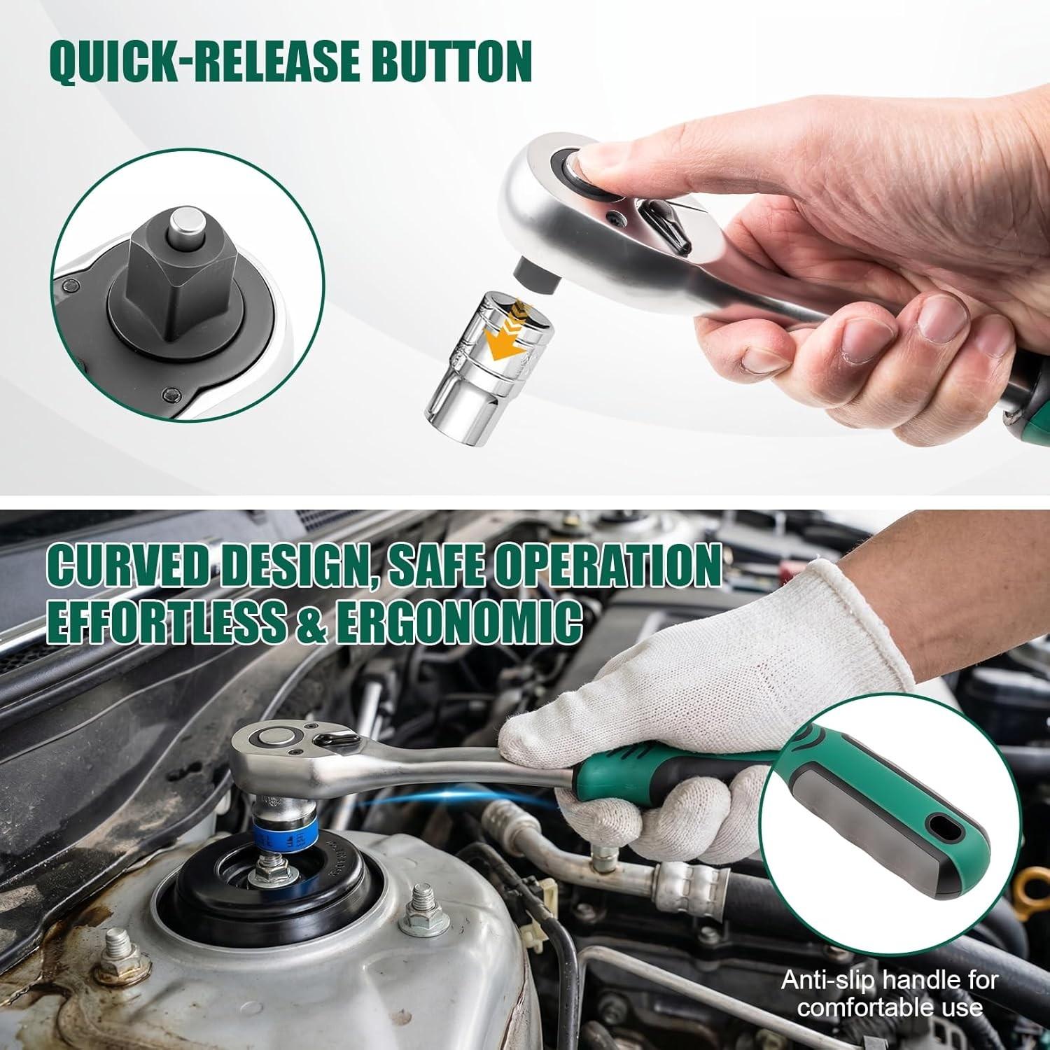 72-Tooth Quick Release Ratchet，1/4" 3/8" 1/2" Drive Socket Wrench, Reversible Ratchet Wrench , Professional Hand Tool for Automotive Repair and Mechanics Use