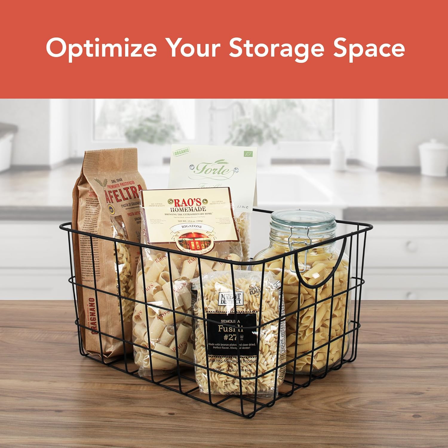 Large Wire Basket with Handle Black Metal Utility Storage Bin for Organizing Kitchen Pantry Cabinets Closet and Garage Shelves, Steel Metal Basket Storage Organizer Bin with Handle