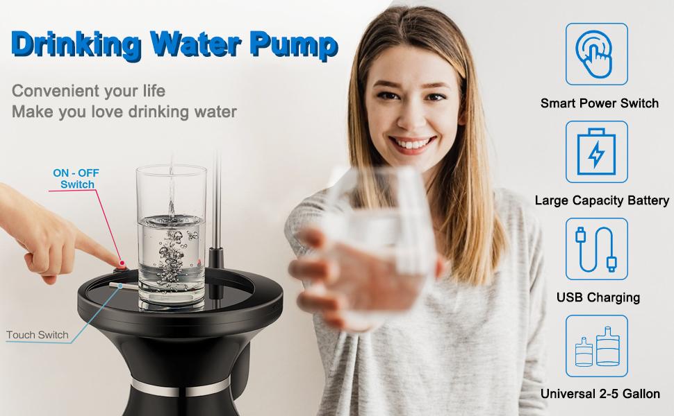 Drinking Water Dispenser Pump, Automatic Electric Drinking Water Bottle Pump for 2-5 Gallon Water Jugs, USB Rechargeable with 2 Switch Control, Stable and Portable for Home, Kitchen, Office, Camping