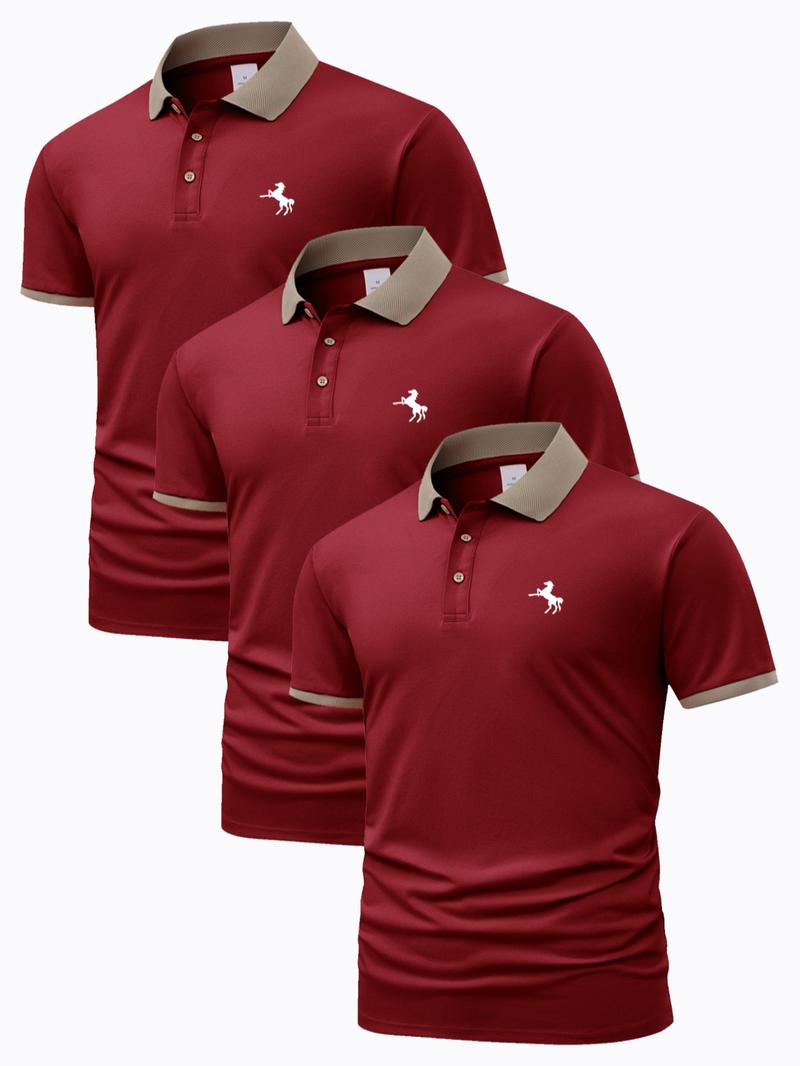 Men's Horse Pattern Polo Shirt, Regular Fit Casual Short Sleeve Button Front Polo Top for Summer, Men's Clothes for Daily Wear, Vacation Clothes, Polo Shirt Set