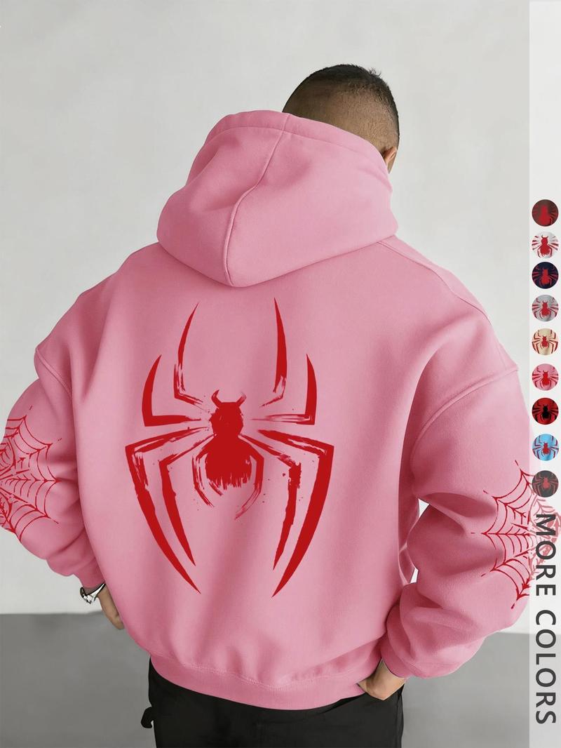 Unisex design, autumn and winter street style hooded sweatshirt with a spider pattern print, featuring cord fasteners and kangaroo pocket design. Perfect for everyday outings; comfortable fabric; stylish for the streets, versatile, trendy, suitable for ca