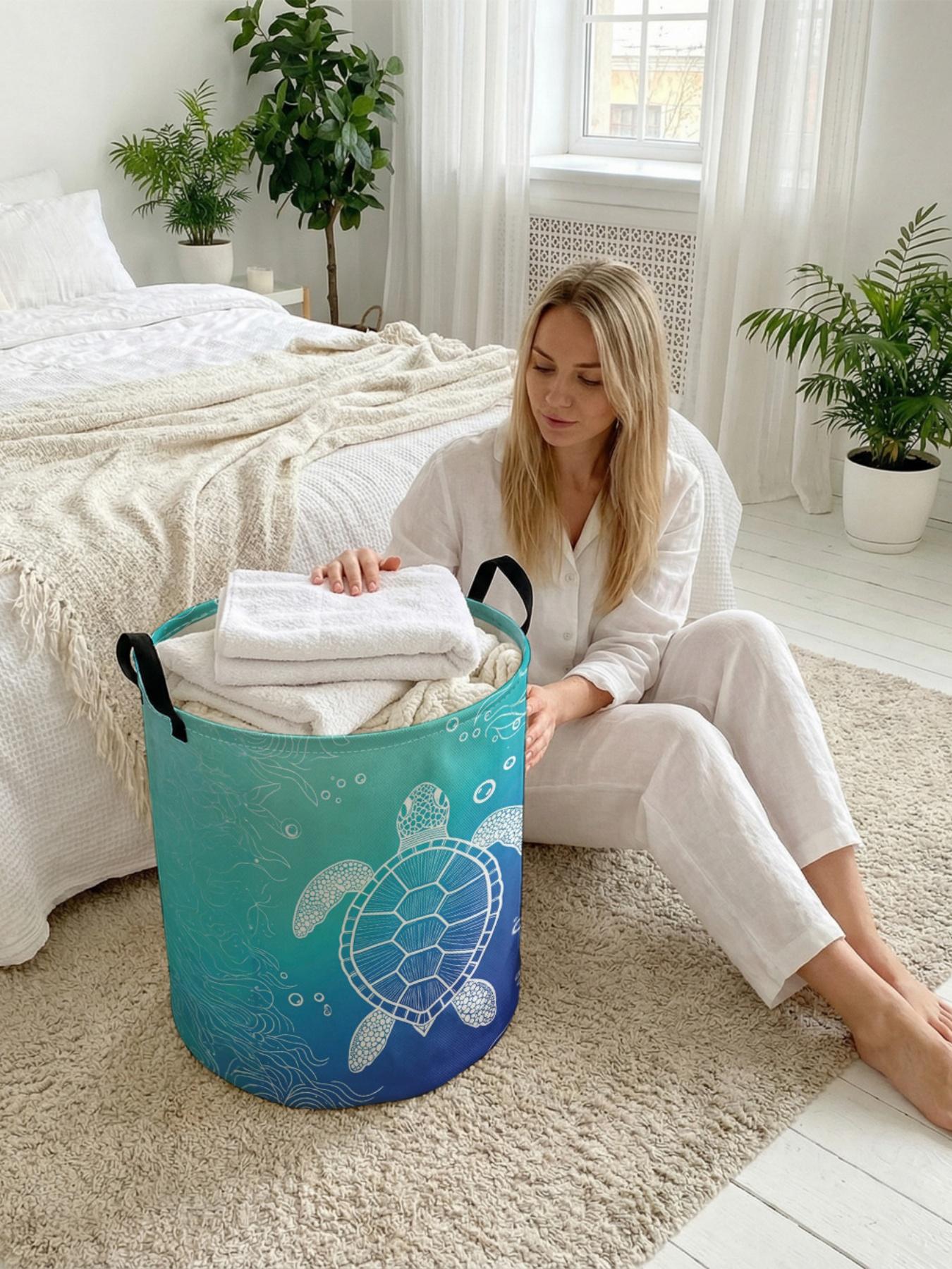 1 piece of turtle ocean pattern 2D printed open storage box, double handle reinforcement + foldable storage | dirty laundry storage/toy organization/home decoration all-in-one