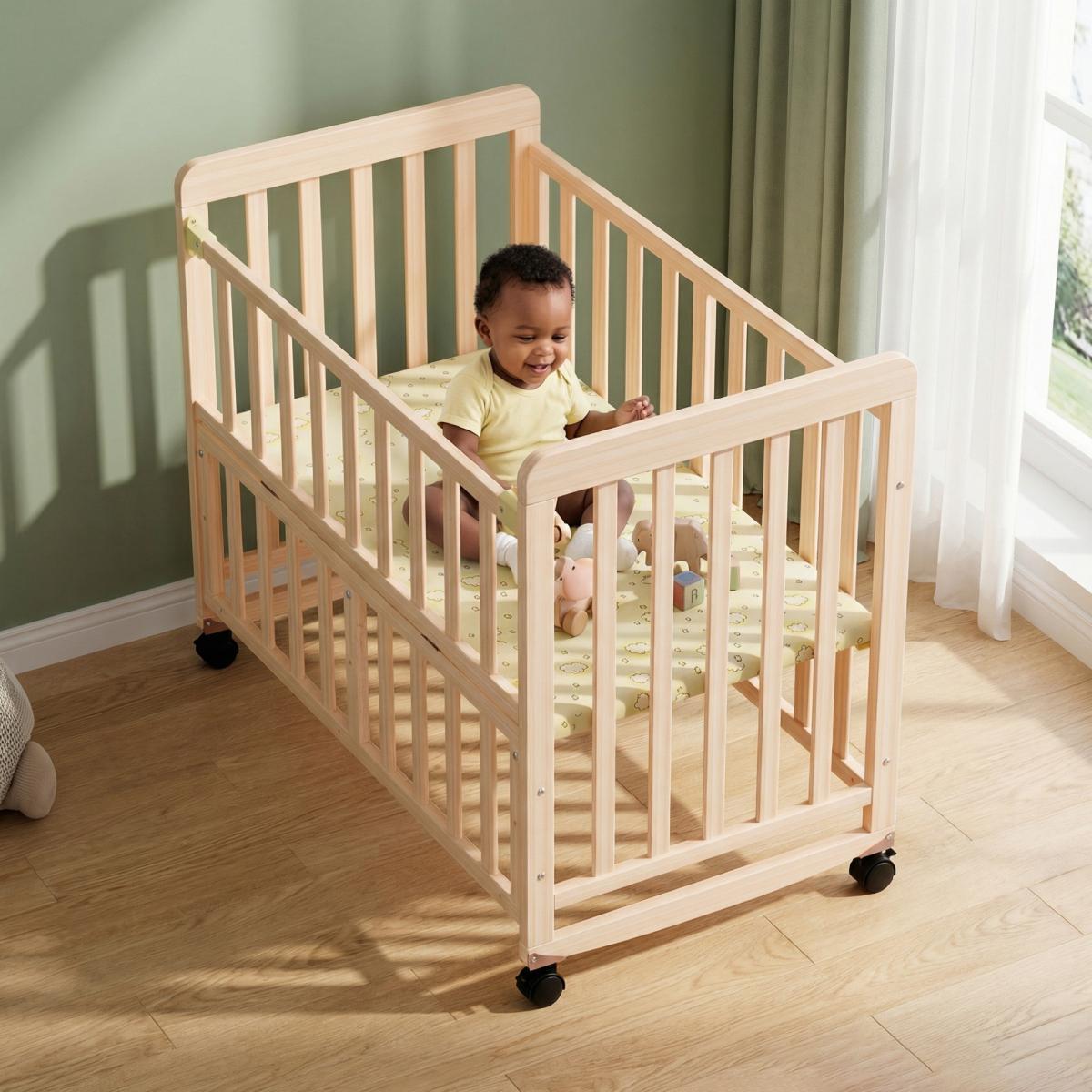 Aobtkel Baby Bassinet Bedside Sleeper - Portable Pine Wood Cribs Convertible, 3-Height Toddler Cot, 0.78in Mattress, Space-Saving Mini Crib for Newborns 0-36 Months WL