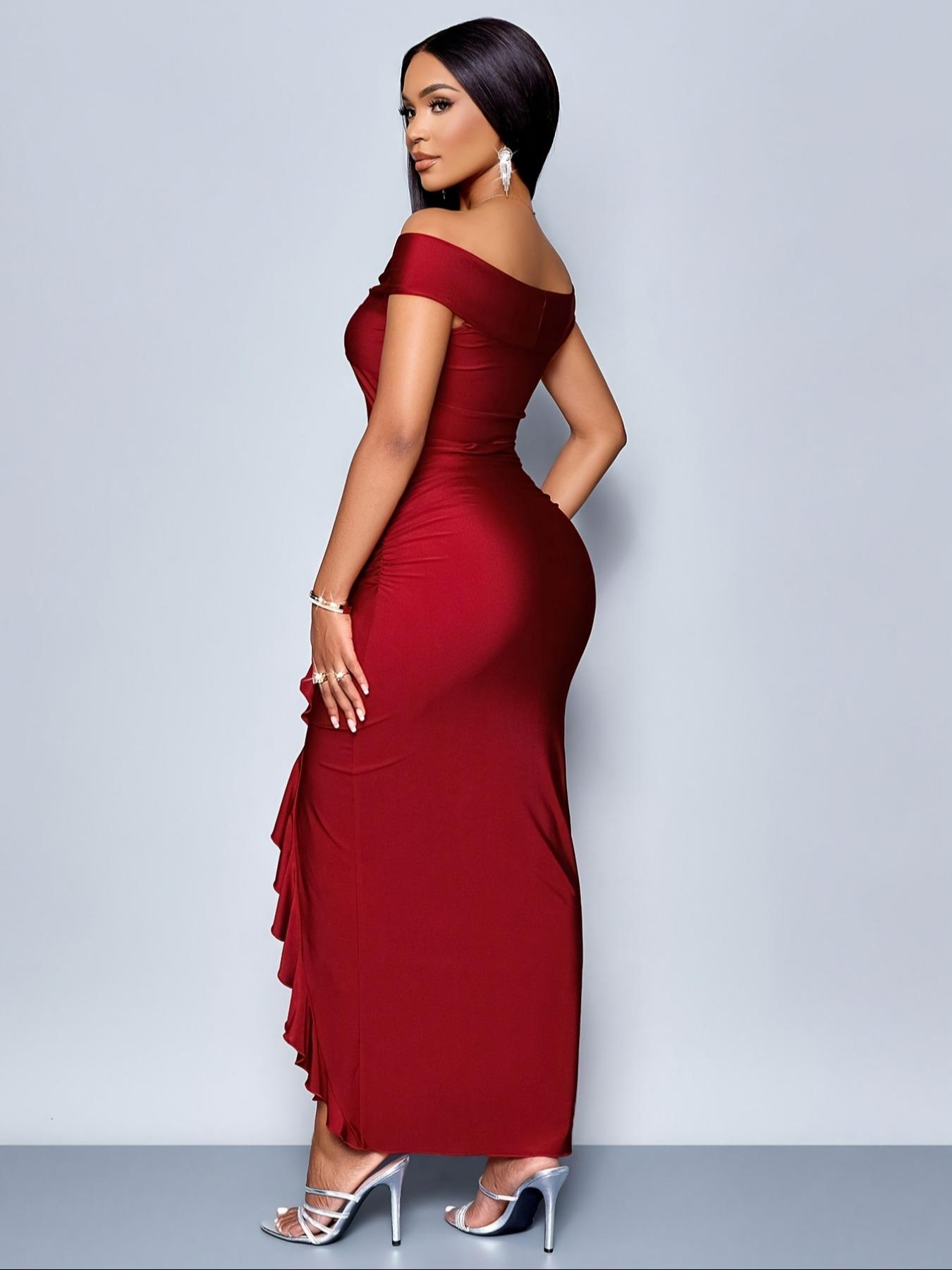 Women's Elegant Off-Shoulder Bodycon Dress, Ruched Details, High Slit, Asymmetrical Hem, Suitable for All Seasons