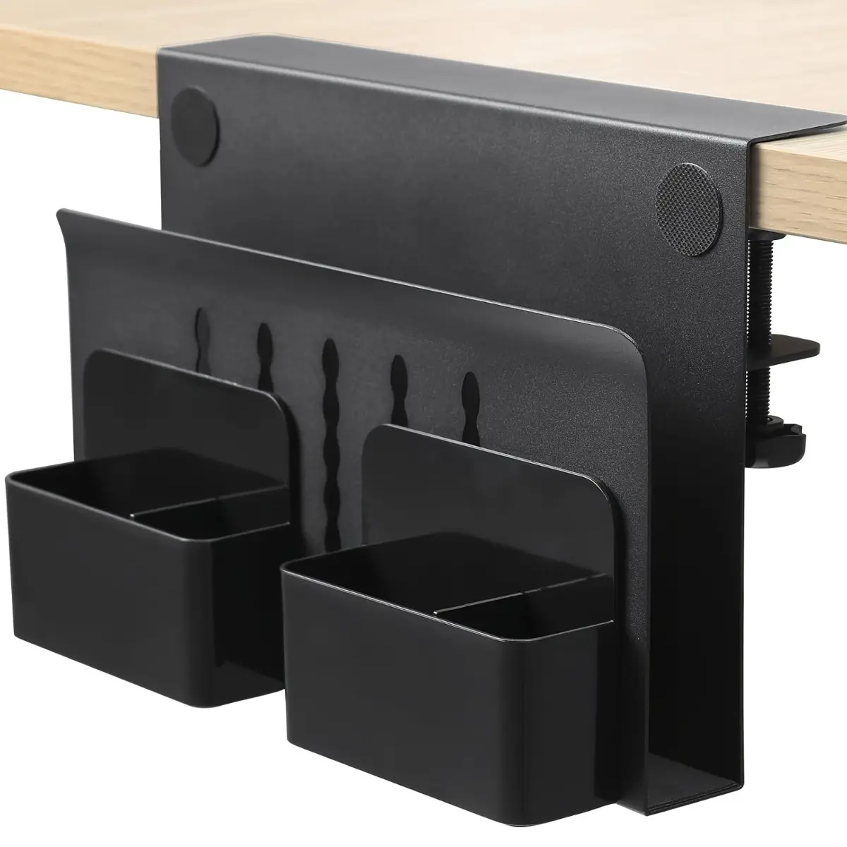 Under Desk Laptop Holder Mount Clamp On Side Desk Storage File Organizer Cable Management Tray No Drill Bracket with 2 Magnetic Pen Holders Space Saving Office Desk Side Accessories Wire Cord Shelf