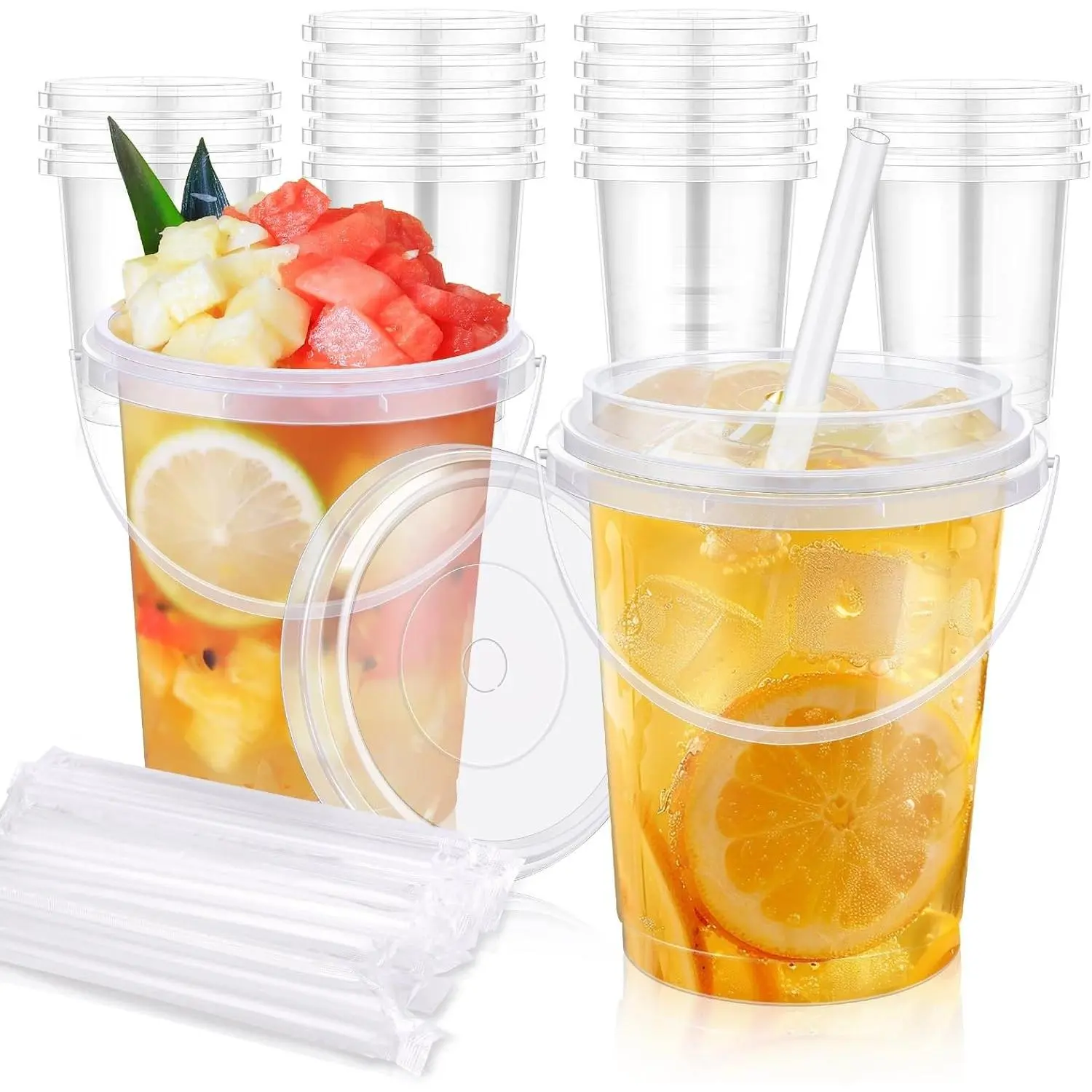 30 Pack 34 oz Drink Buckets with Lids and Straws, Clear Bucket Cups | Colorful Drink Display, Party Drink Setup, Easy Carry Handle, Fruit Tea, Iced Coffee, Bubble Tea, Birthday, BBQs & Parties