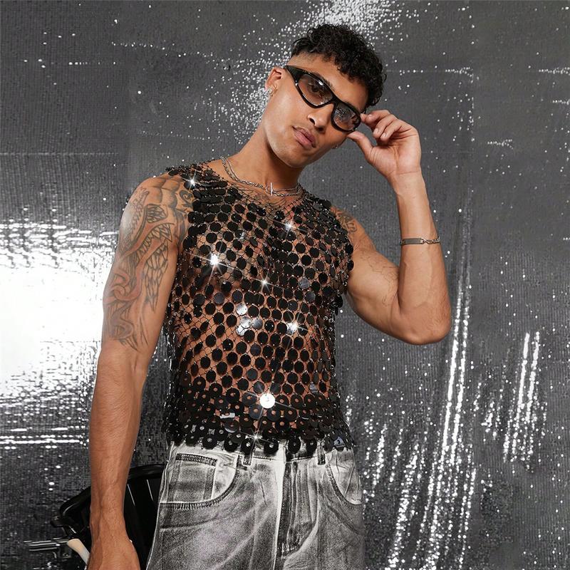 Mens Sparkly Mesh Tank Top Rhinestone See Through Clubwear Sexy Hollow Out Party Outfit Festival Stage Fashion Statement