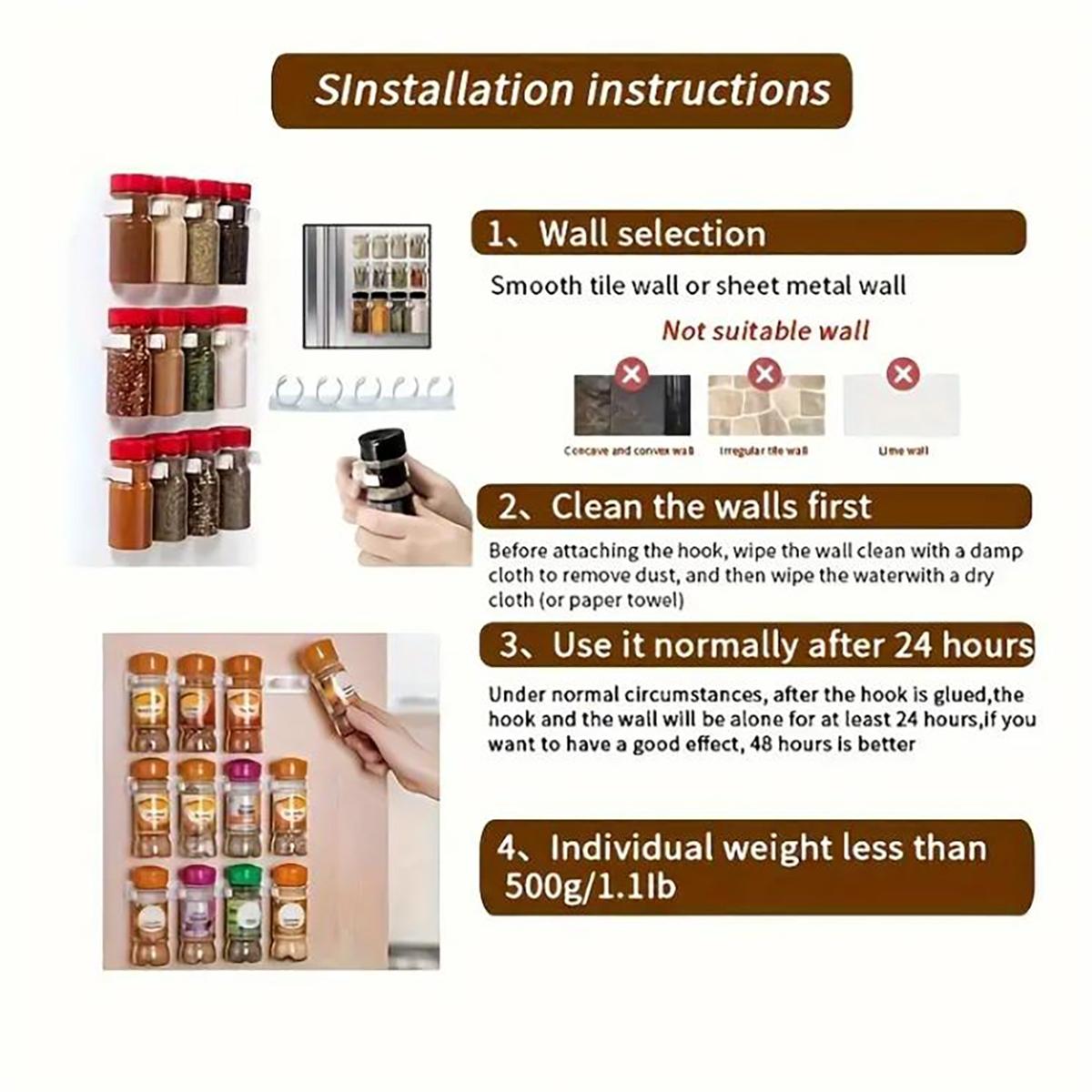 Wall Mounted Spice Storage Rack, 4 Rows Space Saving Seasoning Bottles Organizer, Simple Storage Holder Hook for Kitchen Cabinet, Refrigerator and Cupboard Door