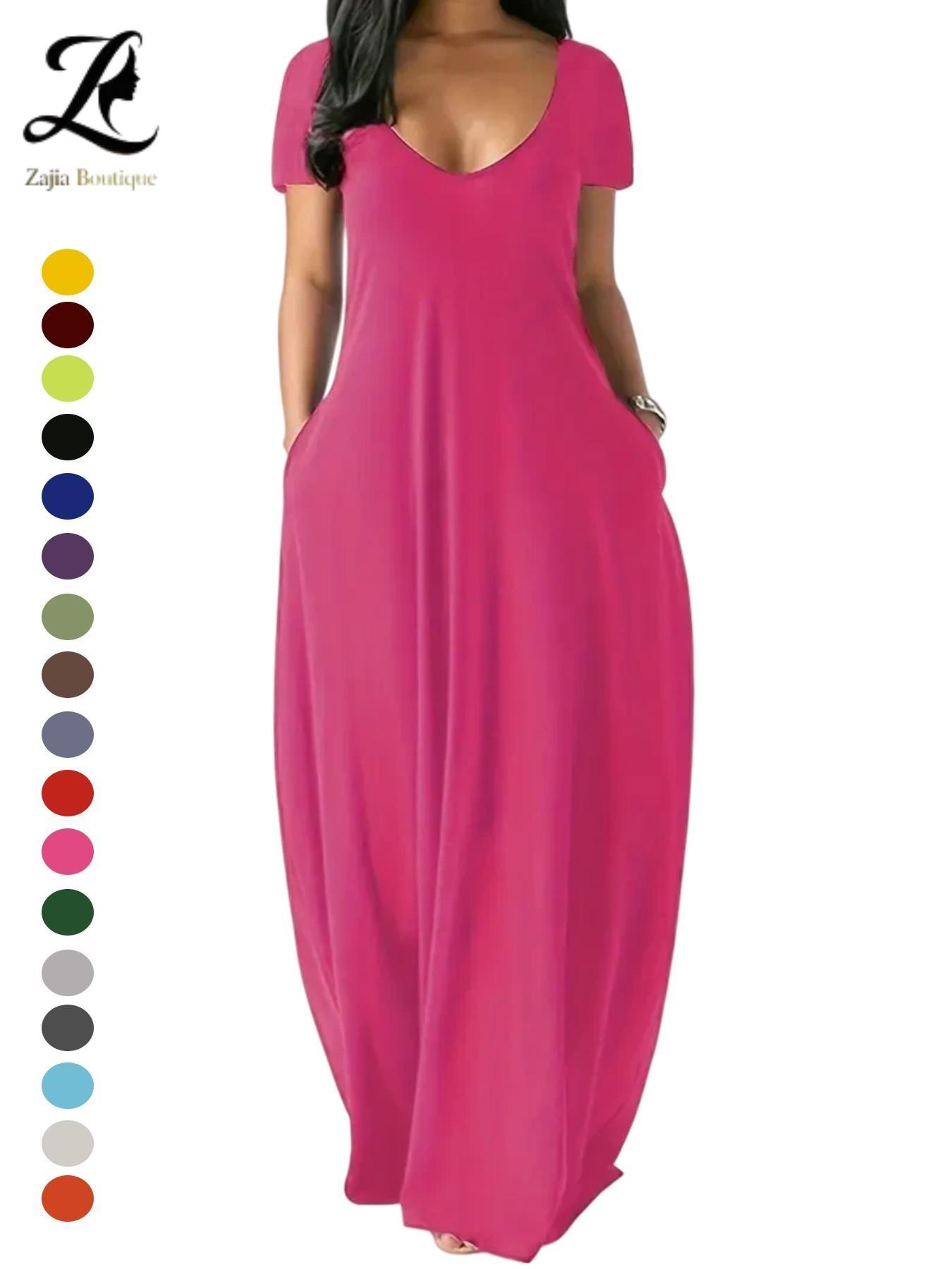 Women's Long Dress 2026, Coffee Color Everyday Casual Round Neck Short Sleeve Pockets Sleepwear, Soft Comfortable All-Season Dress