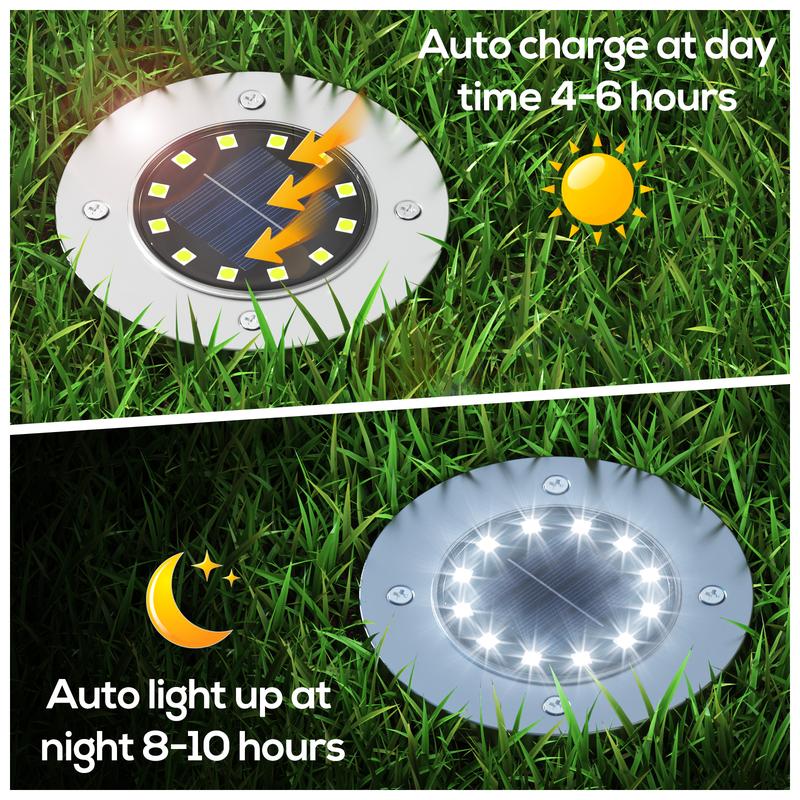 Earrck Solar Outdoor Lights, 12 LEDs Solar Garden Lights/Warm&White Super Bright in-Ground Lights/IP65 Waterproof/Solar Disk Lights for Garden&Yard&Walkway&Patio&Lawn&Driveway&Pathway&Pool&Outdoor(8/12Pack)