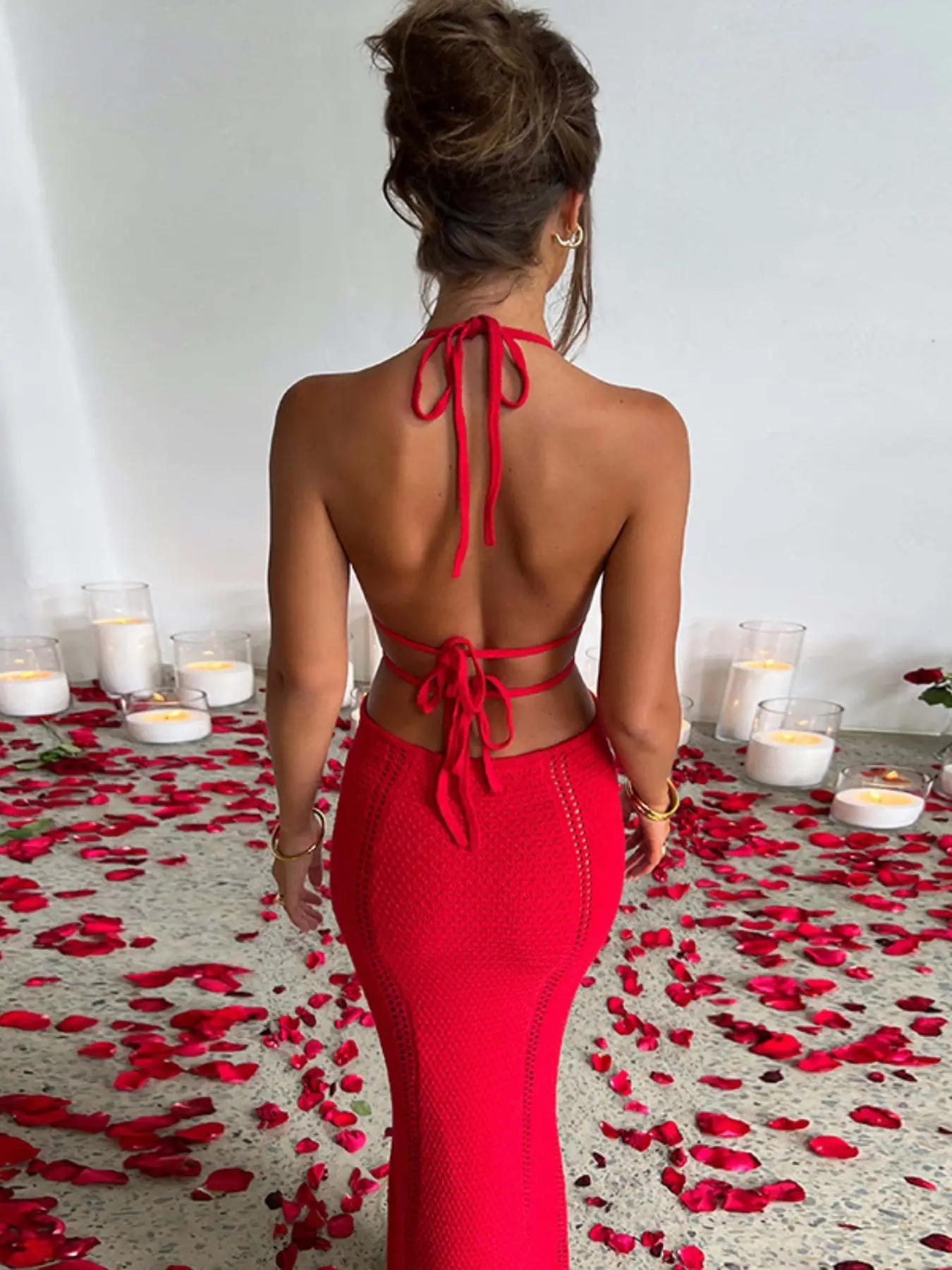Women's Plain Cut Out Tie Back Cami Sleeveless Dress, Sexy Backless Halter Neck Dress for Parties, Clubs and Dating, Ladies Summer Homecoming Clothes