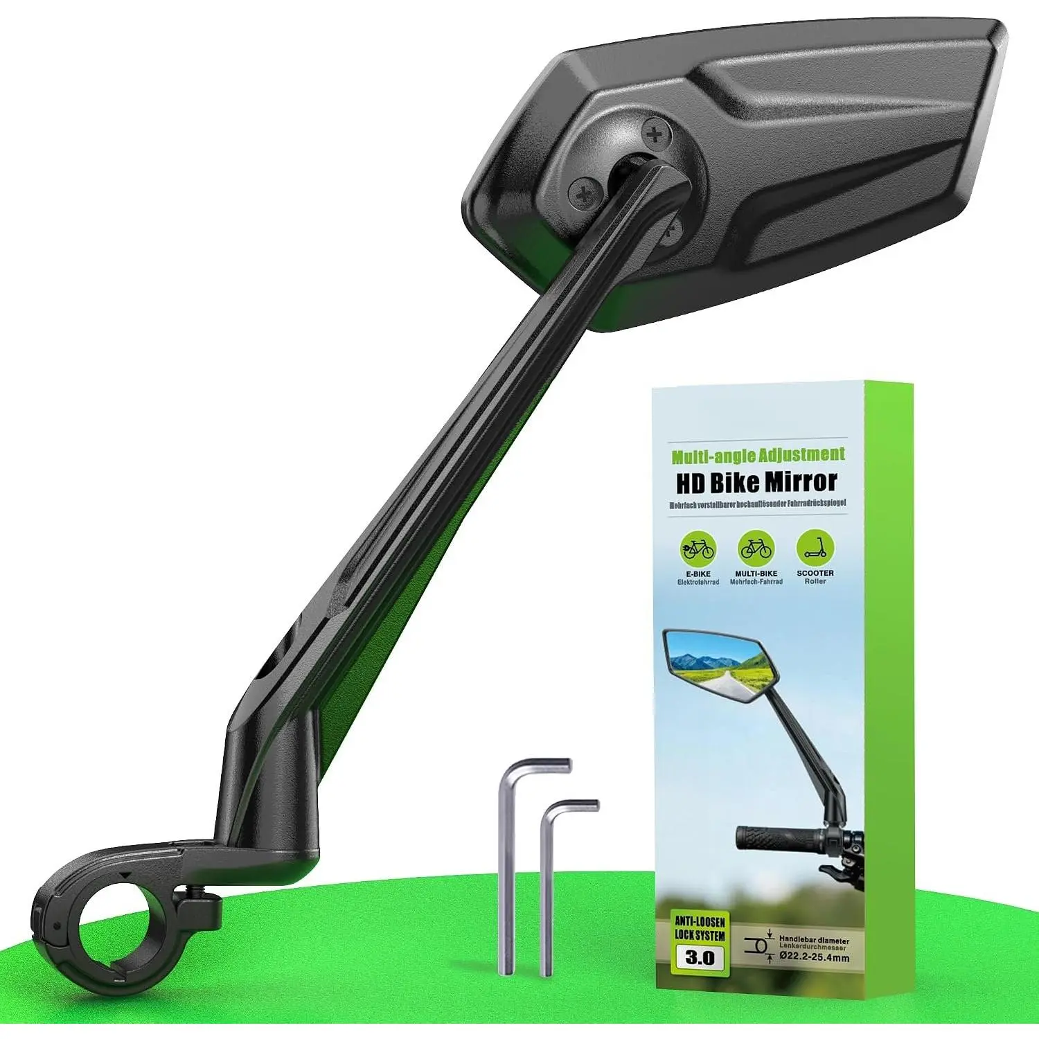 Mirror, 360° Adjustable Handlebar Mirror with Drop-Proof Structure, 3-Screw Locking Anti-Loosen System,  Alloy Base, Wide Angle Vision  Mirror for eBikes, Mountain Bikes(left)