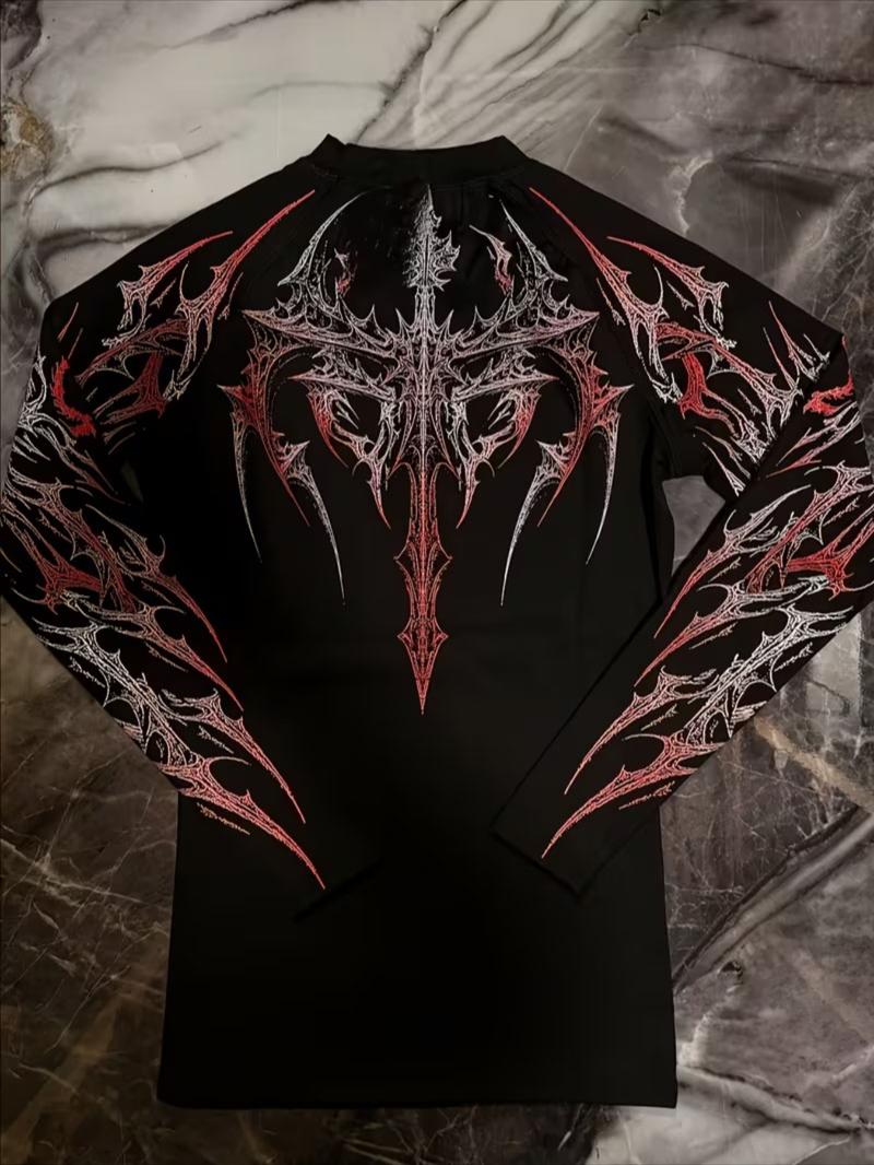Men's Professional Sports Quick-Dry Fitness Shirt, Gothic Print Long Sleeve, High Elasticity, Round Neck, Moisture-Wicking, Running, Training, Daily Wear, Athletic Top Men's Professional Sports Quick-Dry Fitness Shirt, Gothic Print Long Sleeve, High Elasticity, Round Neck, Moisture-Wicking, Running, Training, Daily Wear, Athletic Top