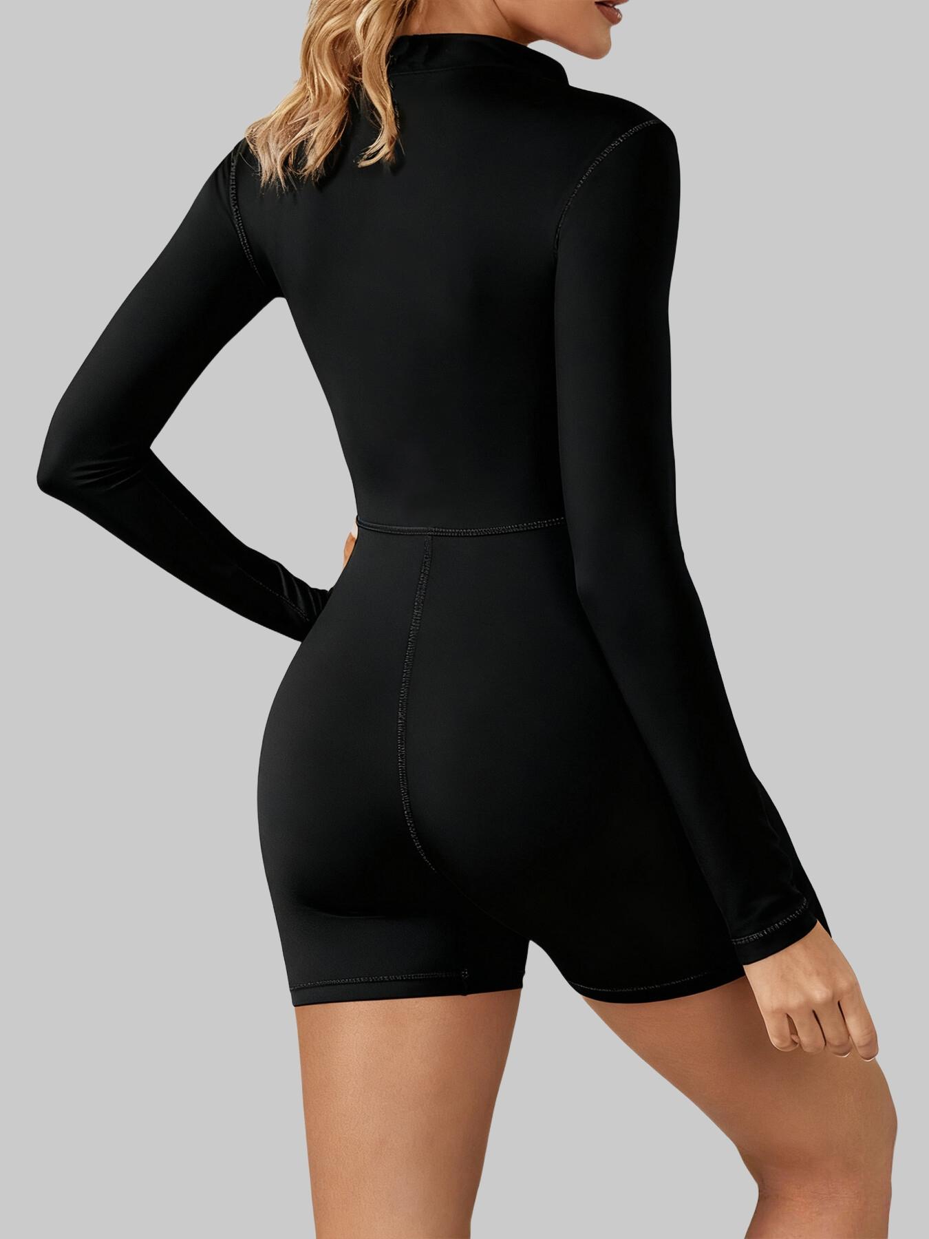 Women's Long Sleeve Zipper Stand Collar Yoga Pantsuit, High Elasticity Soft Fabric, Sporty Above-The-Knee Design for Fall & Winter, Workout Jumpsuit
