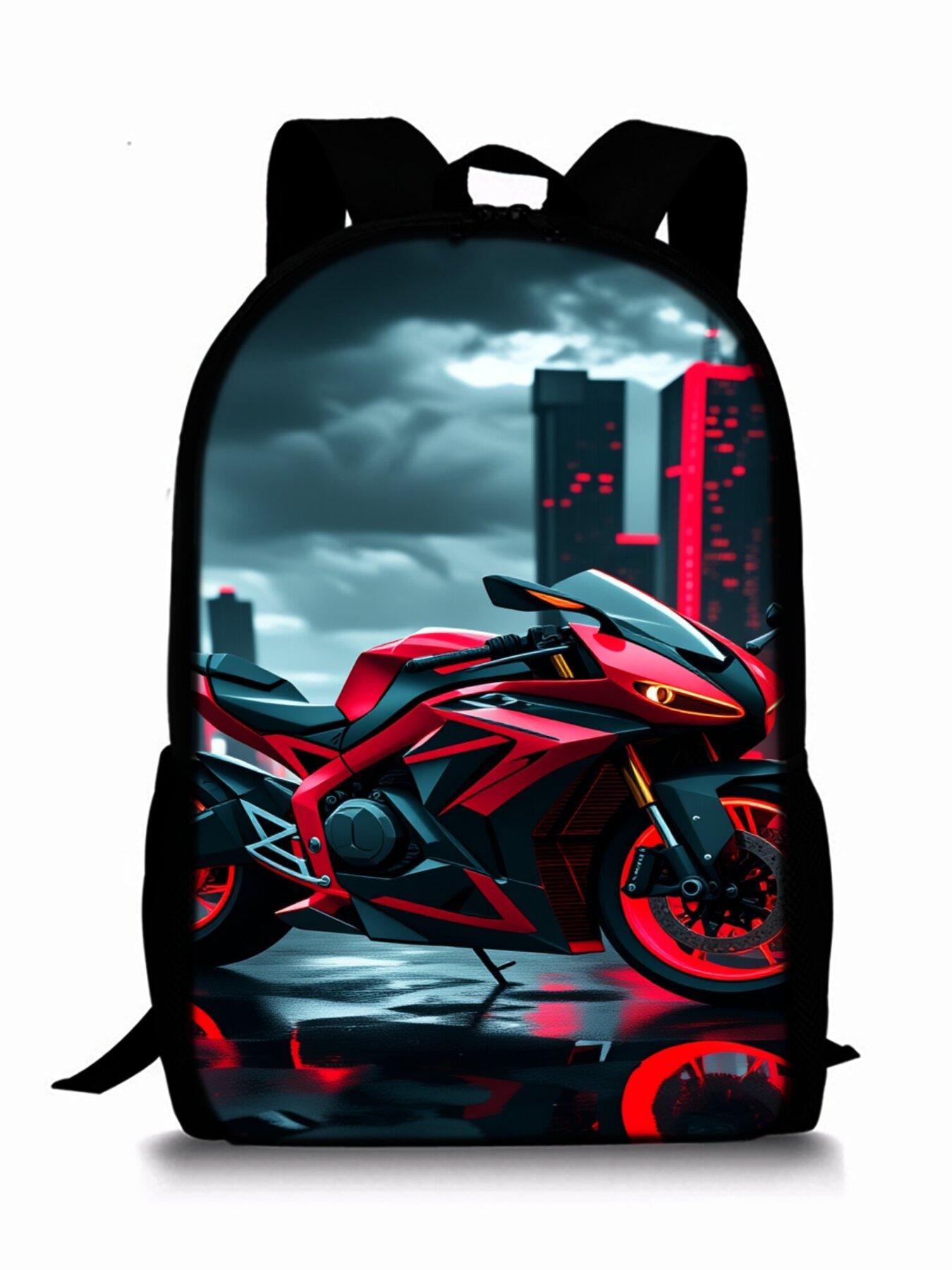 Motorcycle Pattern Print Single-Layer Backpack
