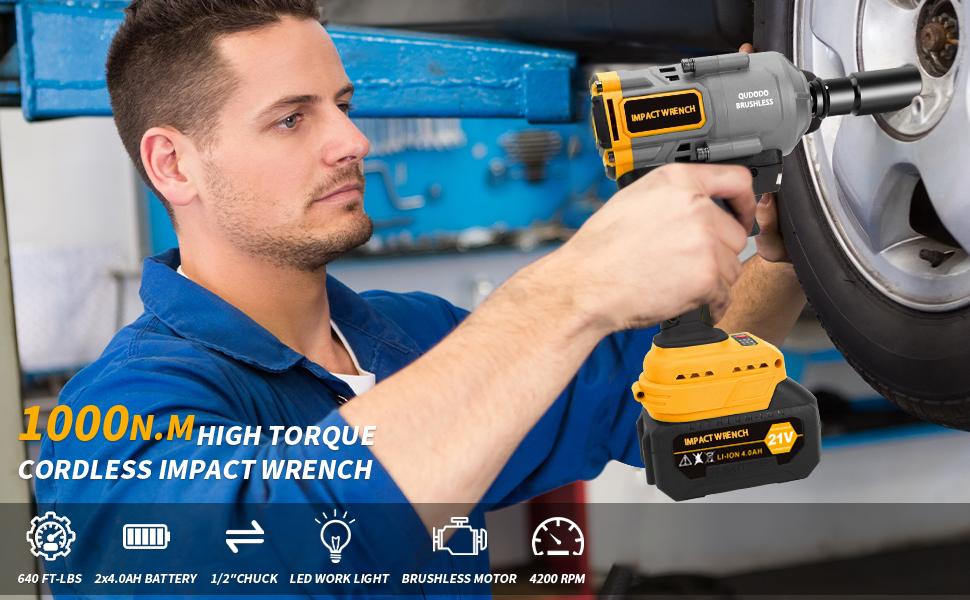 1200N.m Cordless Impact Wrench, 1/2" Brushless High Torque Impact Gun (855 Ft-lbs) with 2×4.0Ah Batteries, Fast Charger & 6 Sockets 1200N.m Cordless Impact Wrench, 1/2" Brushless High Torque Impact Gun (855 Ft-lbs) with 2×4.0Ah Batteries, Fast Charger & 6 Sockets