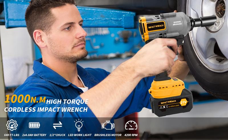 1200N.m Cordless Impact Wrench, 855Ft-lbs 1/2 inch Electric Impact Gun, High Torque Brushless Impact Wrench w/ 2x 4.0Ah Battery, Fast Charger & 6 Sockets Power Tools Lithium Drill Power Tools Lithium Drill