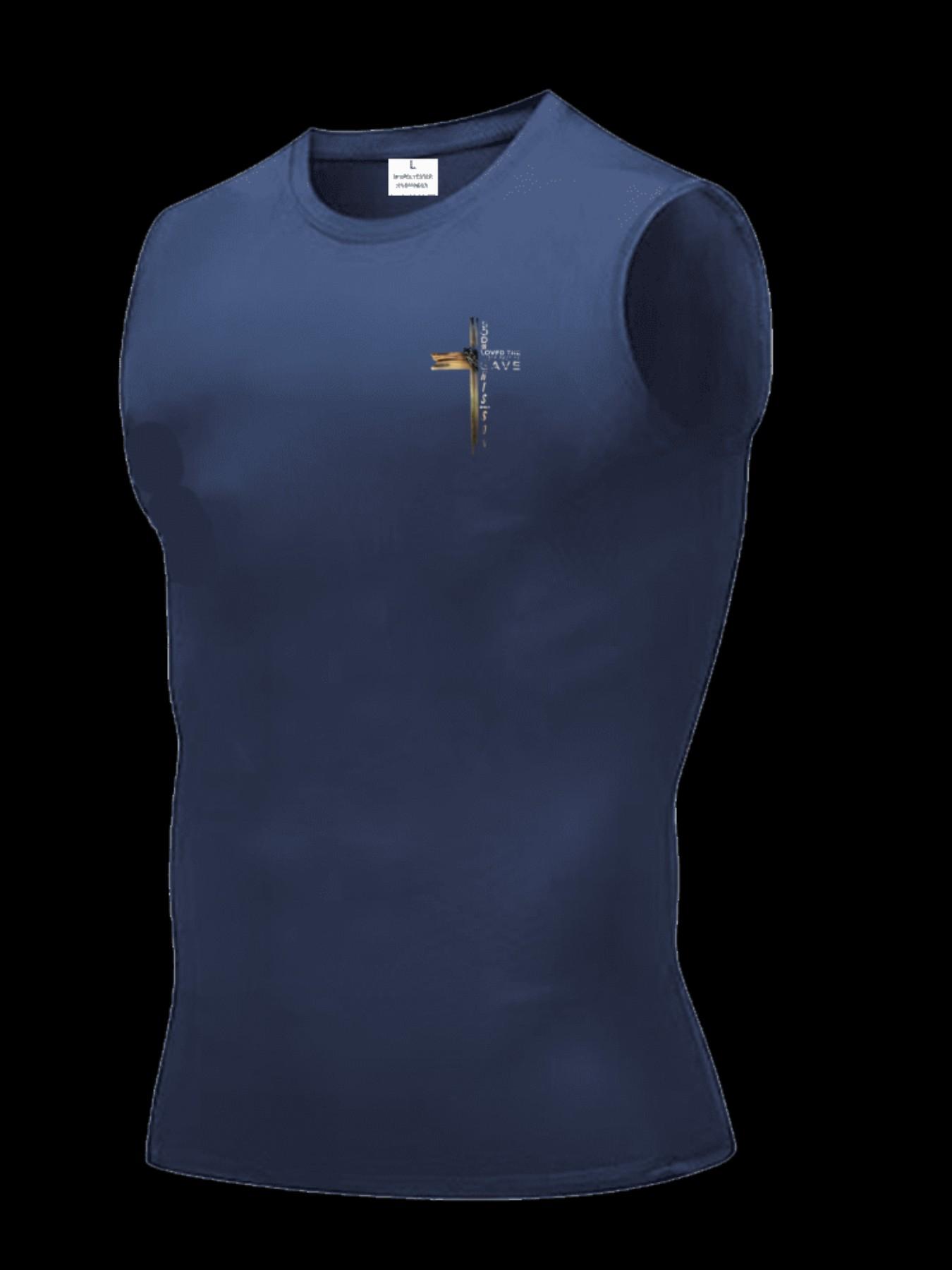 Men's Short Sleeve Sporty Tee, Quick-Dry Breathable Fabric, Cross Pattern Print, Ideal for Gym, Running, Boxing, Outdoor Activities