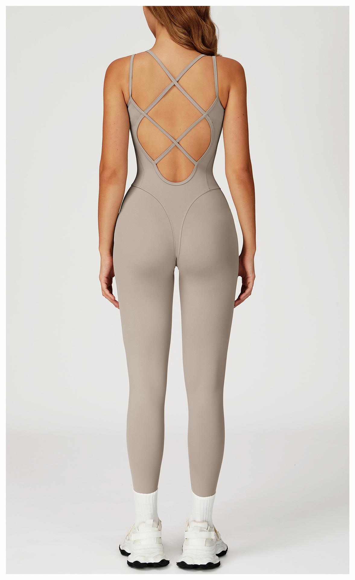 Nude-feel one-piece bodysuit with cross-back design, slim-fit yoga wear for outdoor running and fitness activities