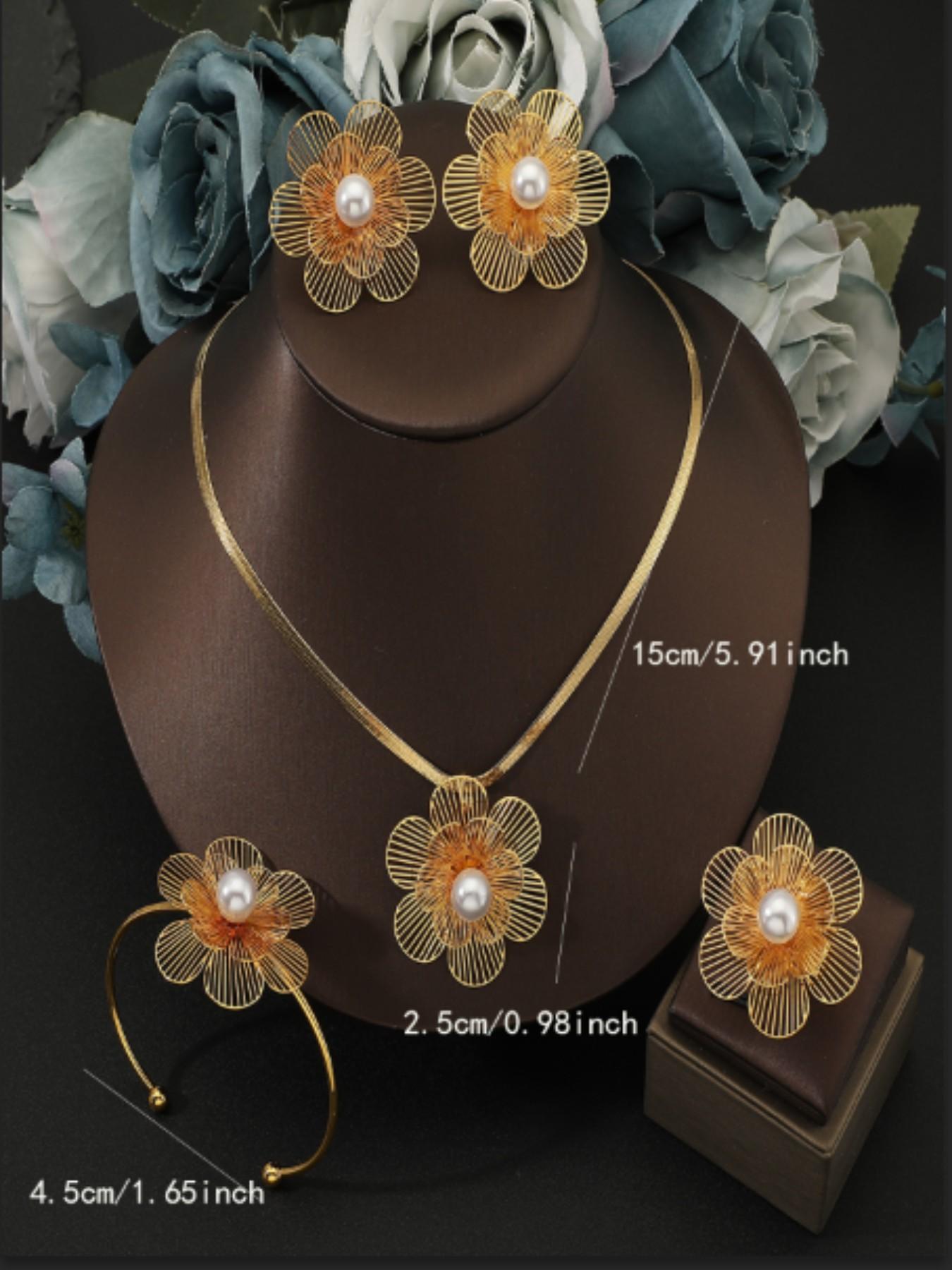 5 Piece Hollow Flower Pearl Stainless Steel Jewelry Set, Women's Wedding Party Luxury Gift, Casual All Seasons Accessories