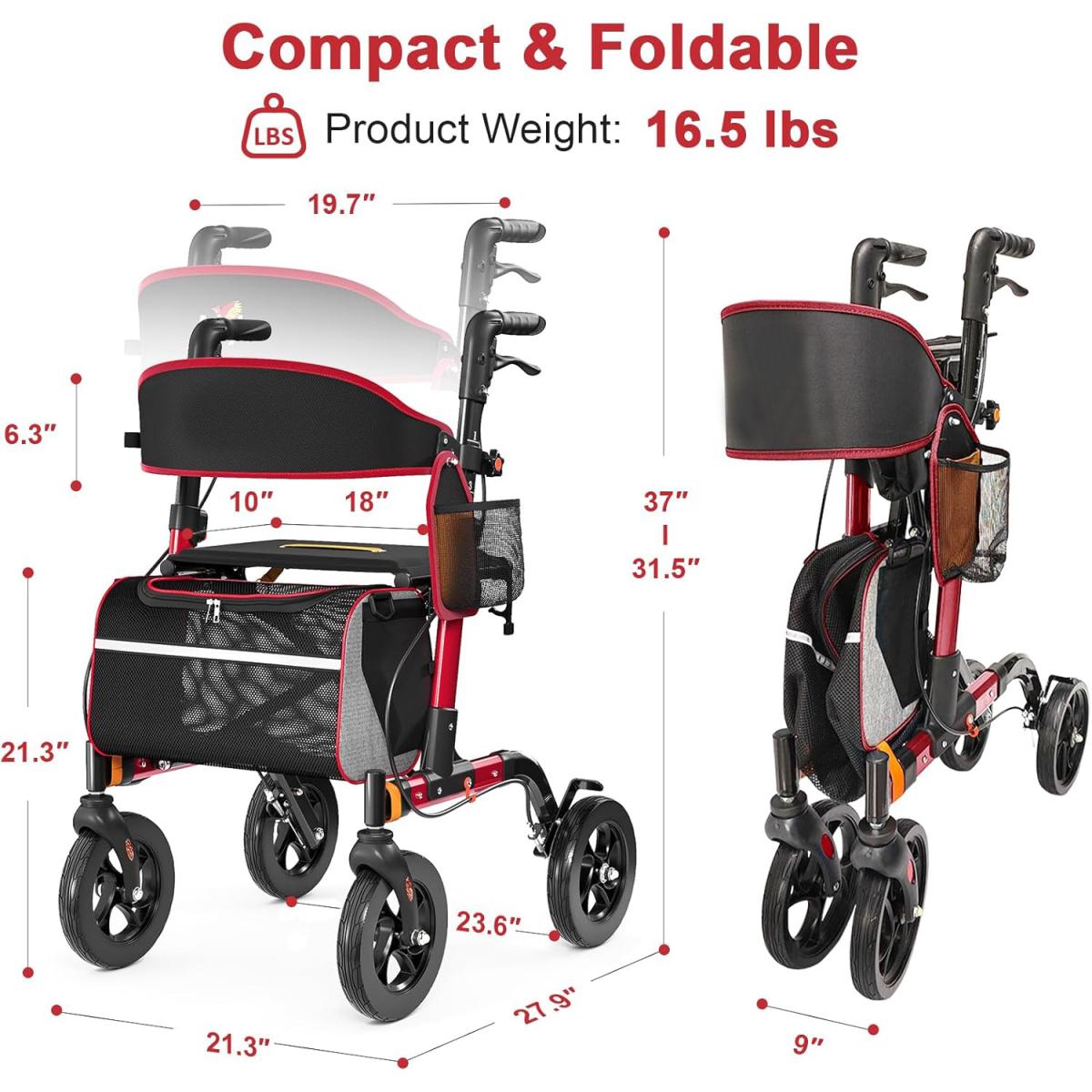 Walkers for Seniors, Rollator Walker with Seat, 350 lb Weight Capacity, 18" Big Seat, 8" All-Terrain Wheels, 6-Level Adjustable Height, Lightweight Aluminum Frame Rollator Walkers for Seniors (RED)