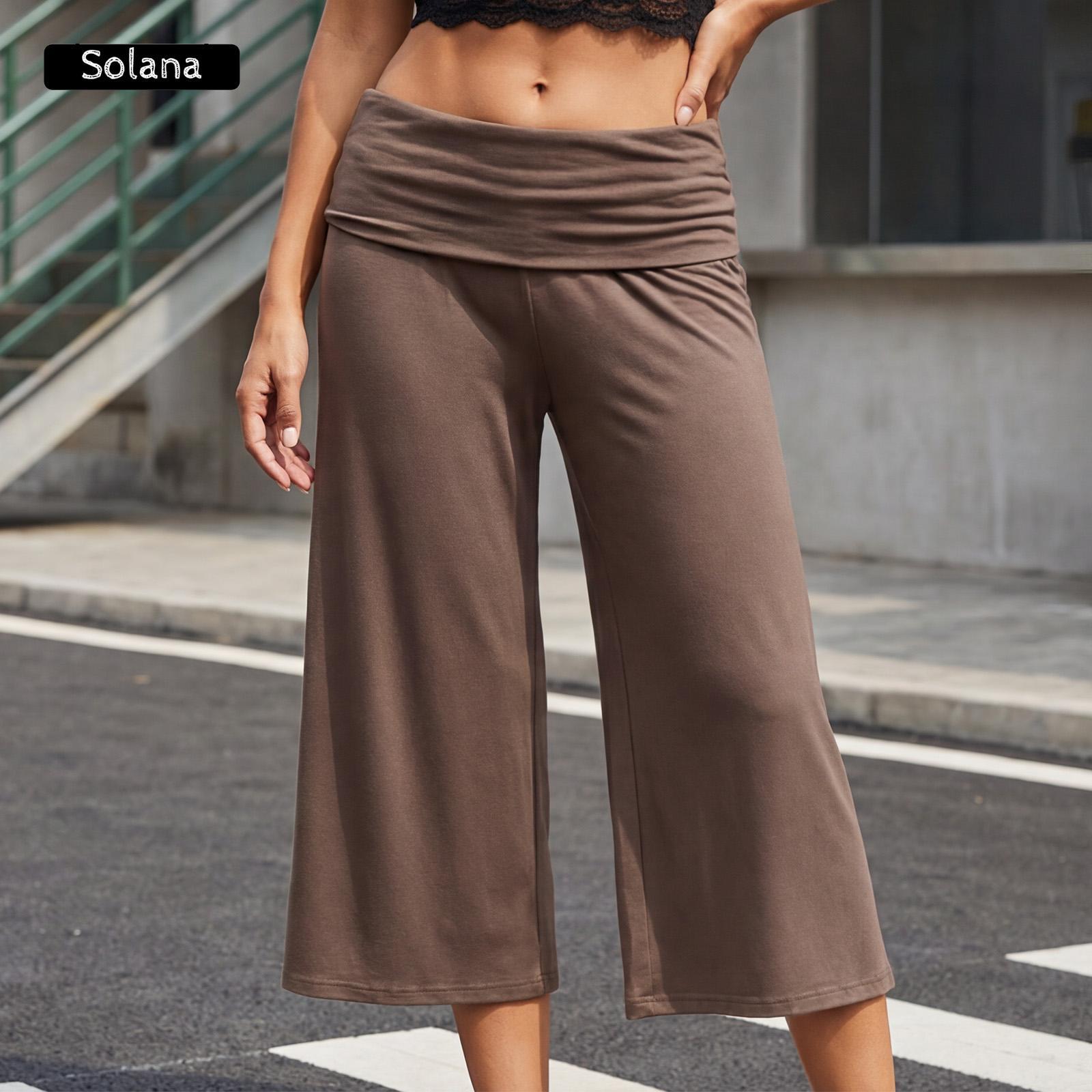 Women Summer Fold Over Wide Leg Capri Pants Low Rise Lounge Yoga Flare Culottes Y2k Soft Flowy Crop Palazzo Pants Beach Women Summer Fold Over Wide Leg Capri Pants Low Rise Lounge Yoga Flare Culottes Y2k Soft Flowy Crop Palazzo Pants Beach