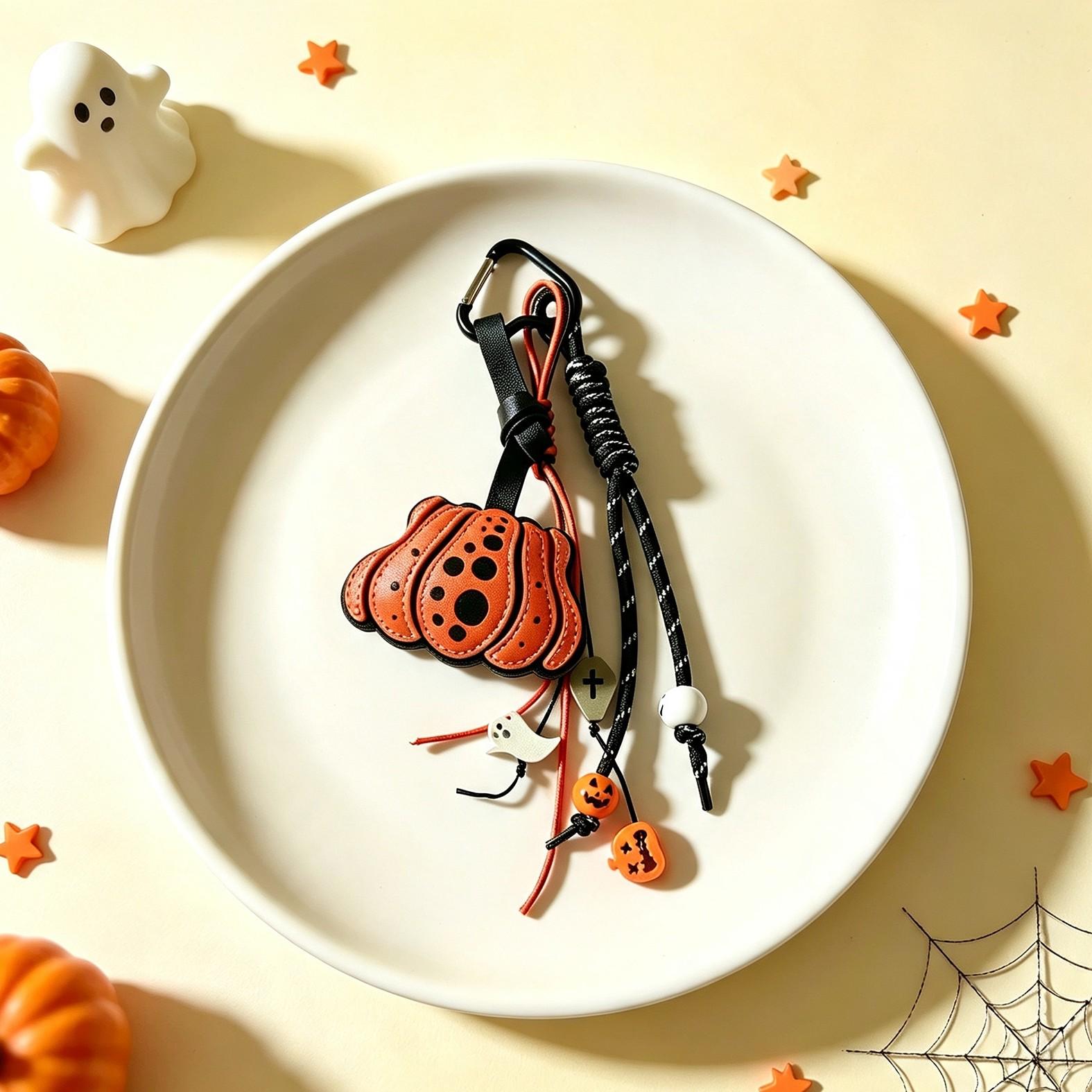 Halloween Pumpkin Bag Charm Keychain, Cute Ghost Spider Web Pendant, Spooky Leather Carabiner, Gothic Trick or Treat Accessory