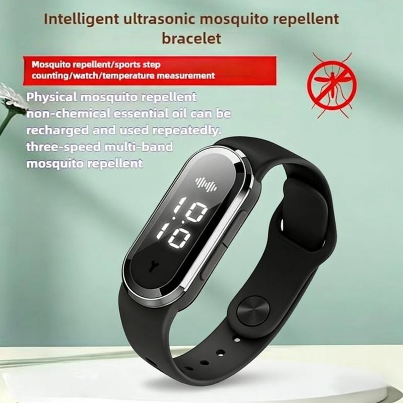 Ultrasonic mosquito repellent wristband, chemical-free bite-prevention device, with three adjustable modes, equipped with digital light display, suitable for outdoor activities, nighttime use and household use. With running count function
