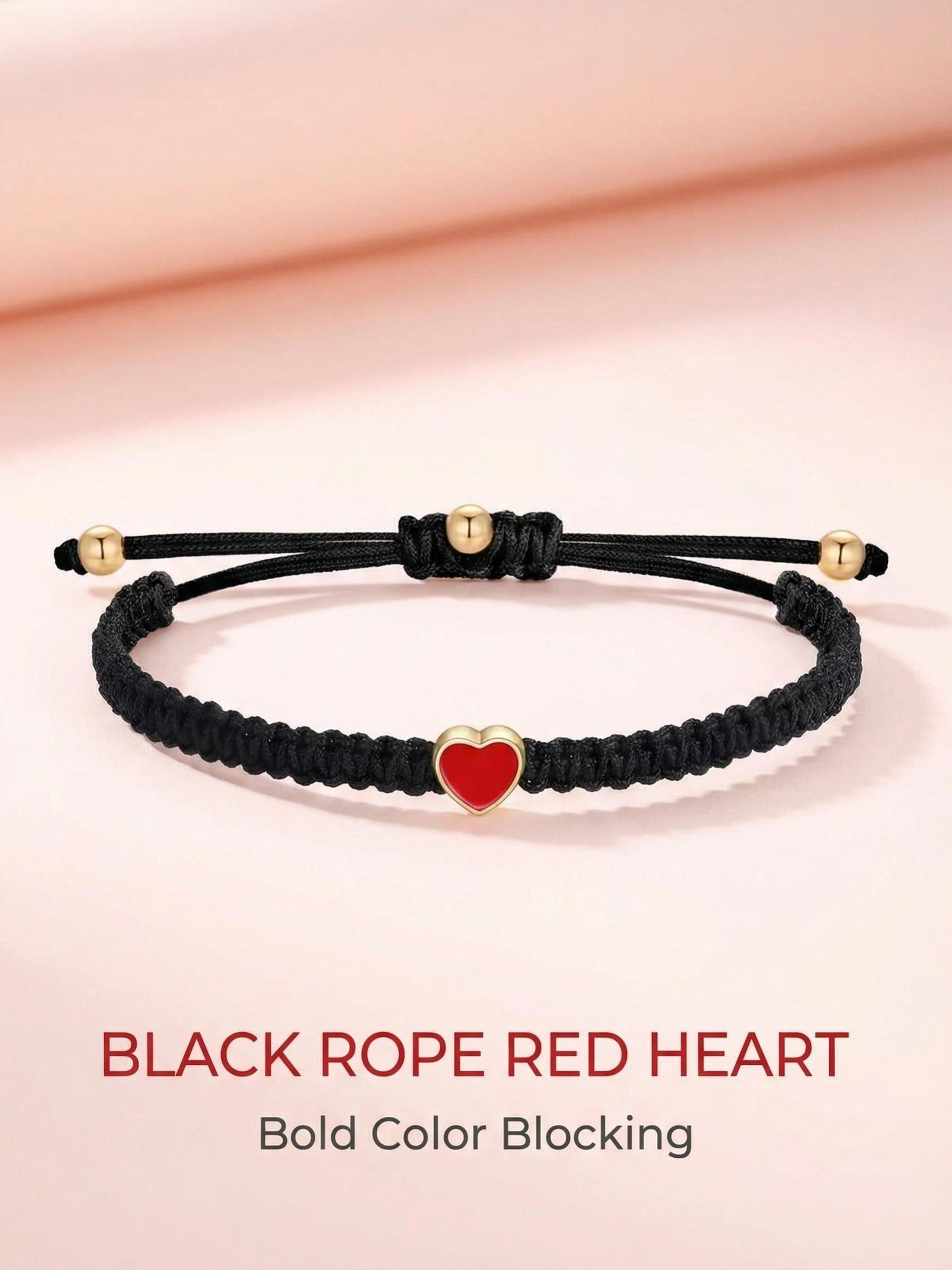 Couple Braided Bracelet Set, Spacer Beads, Jade Thread Flat Knot, Gold Edge, Heart Design, Romantic Jewelry Gift