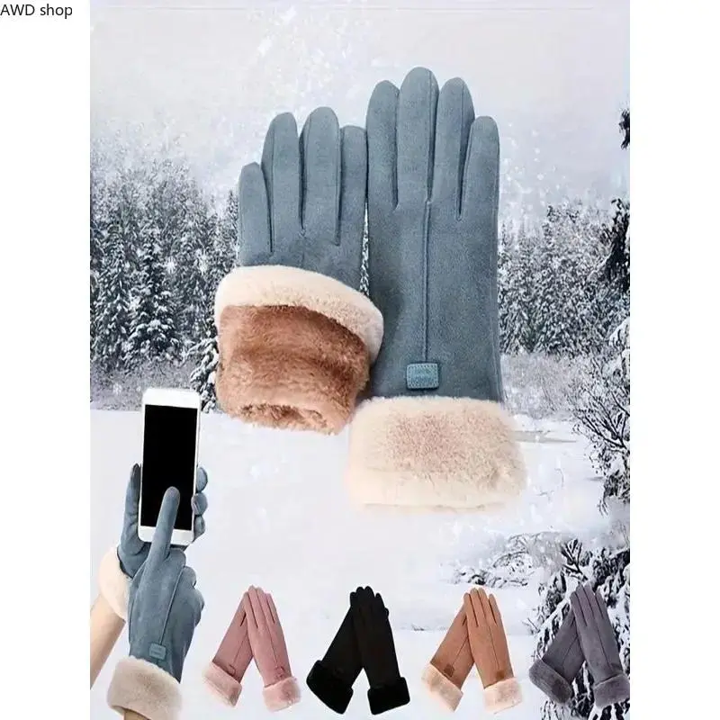 Women’s Thick Fabric Winter Gloves, Neutral Grey Touchscreen‑Compatible Insulated Cold‑Weather Gloves, Chic Fashion Handwear, Soft Warm Protective Accessory for Cycling, Driving & Everyday Outdoor Winter Use