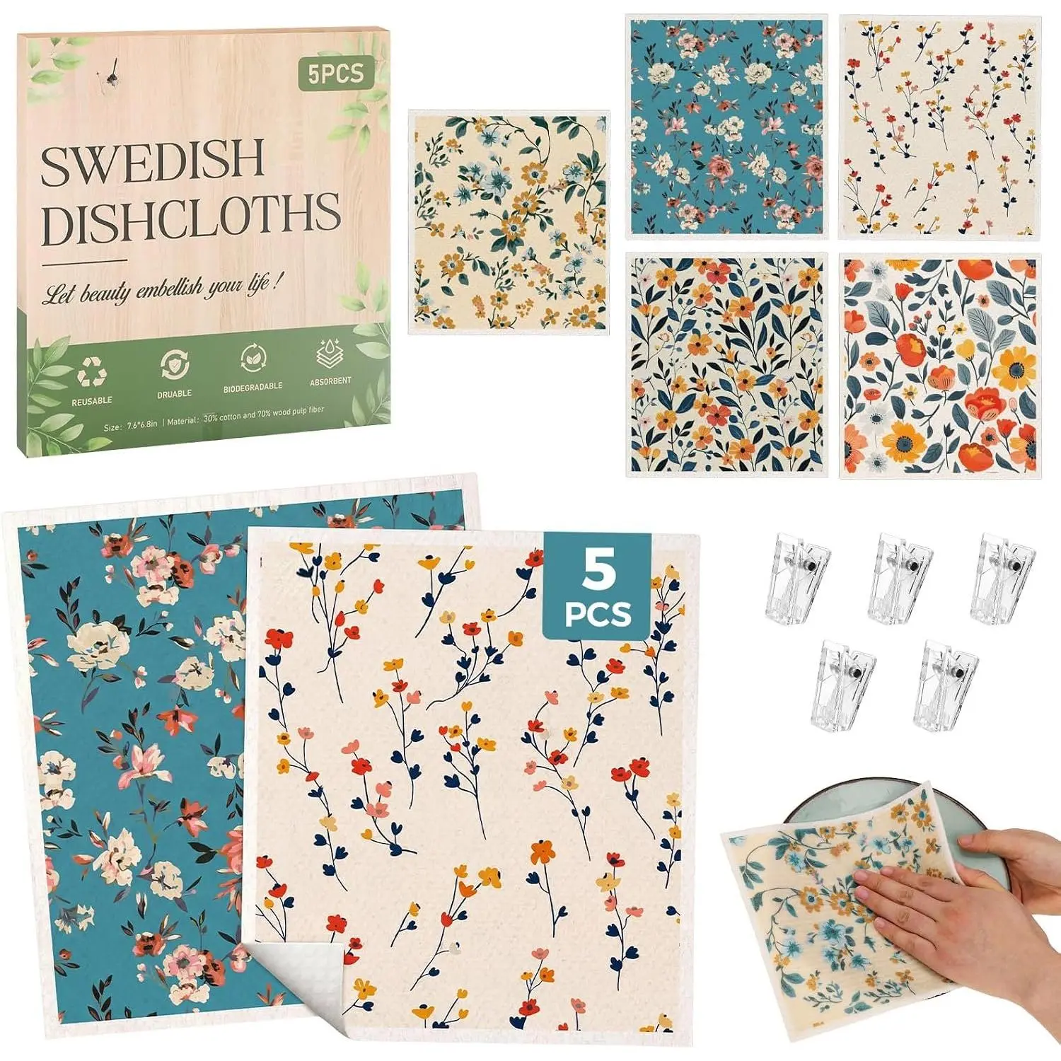 5 Pack Swedish Dishcloths,  Kitchen Towels with Clips,  | Non-Scratch Kitchen Towels and Dishcloths Sets, Washable Swedish Dish Cloths with Clips, for Dishes, Counters, Glass, Sink