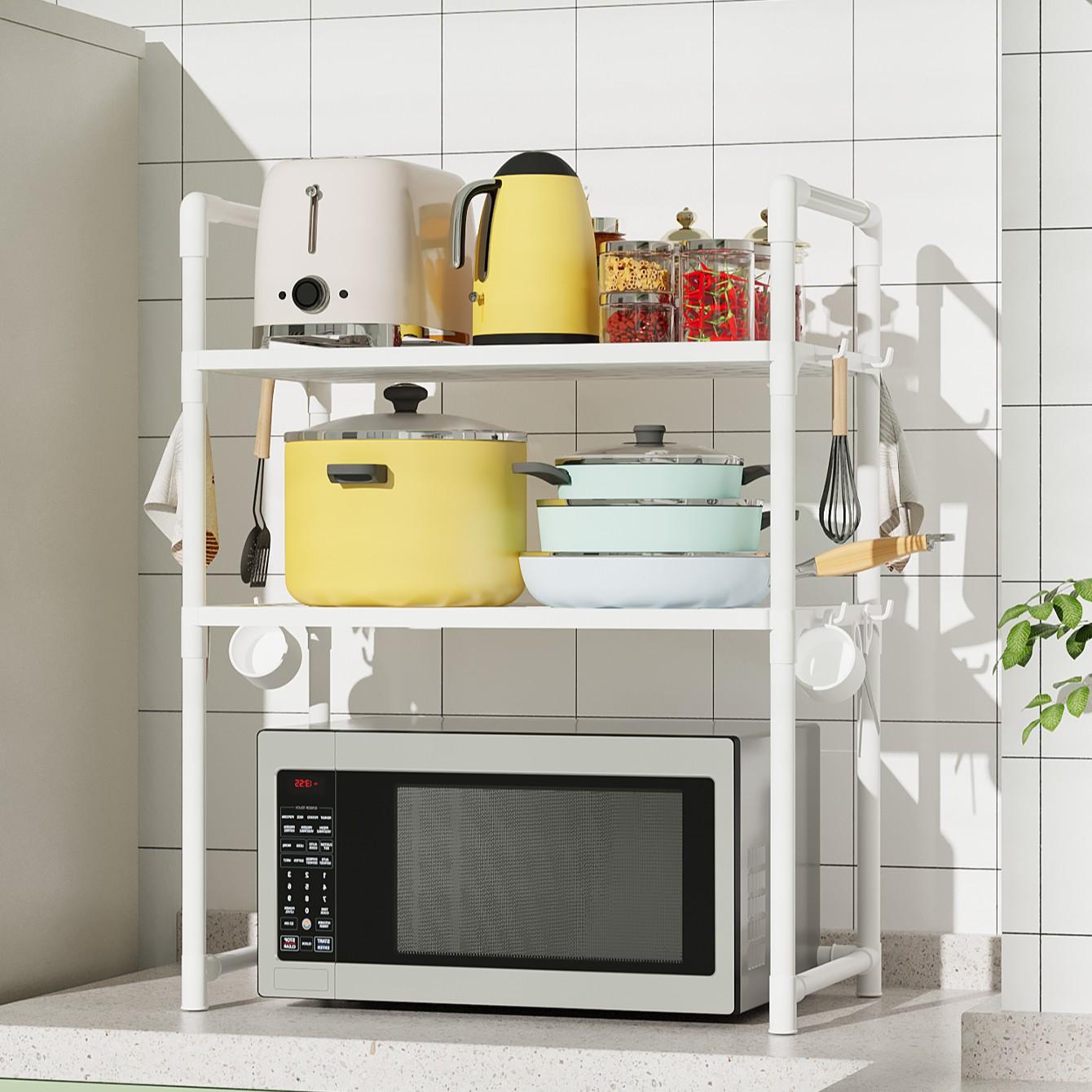 Multi-Functional Kitchen Storage Rack, Microwave Heightened Organizer, Thick Plastic Shelf for Spices & Dishes, Dual-Layer Design, Practical Hooks