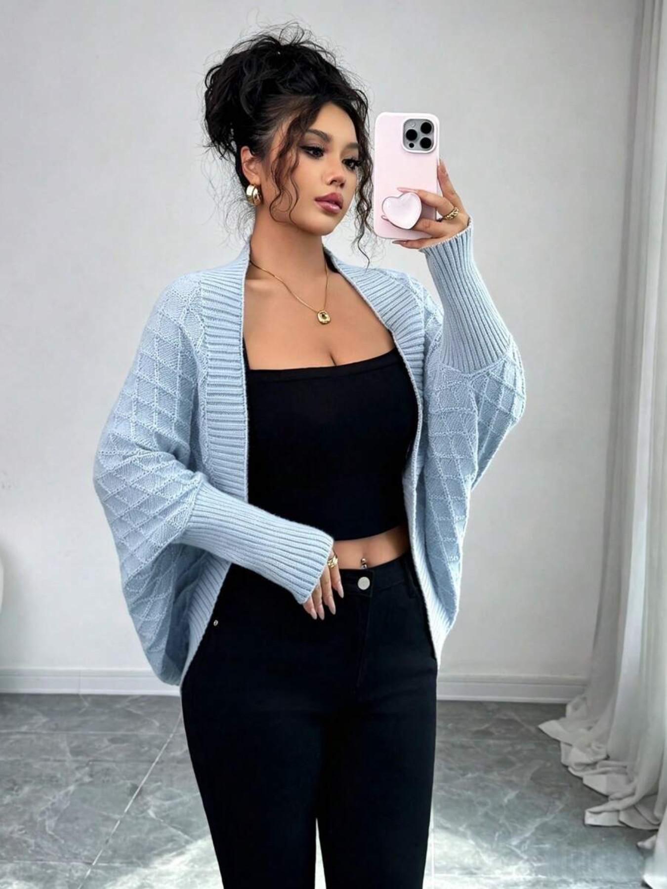 Fall and Winter Basic Casual Everyday Bat-Wing Slihouette Knit Sweater Vintage Mid-Length Cardigan Office