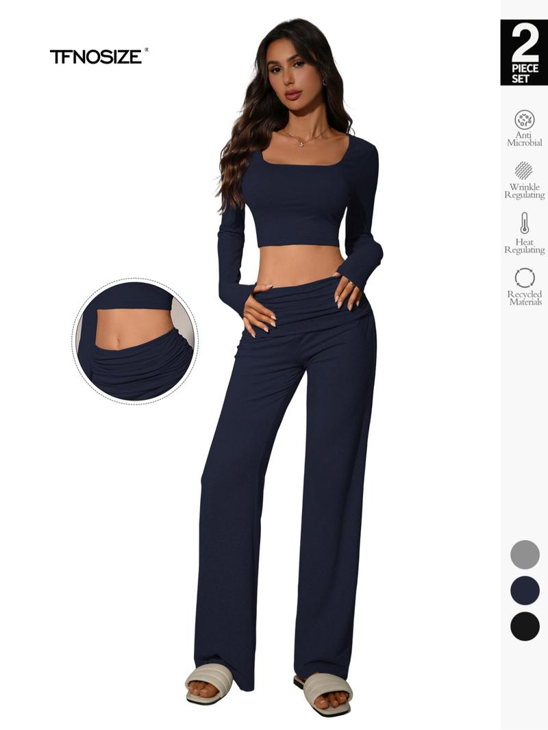 Women's 2-Piece Loungewear Set, Sexy Slim Fit, All-Season Comfort, Moderate Fabric, Ideal for Daily & Fitness, Plain Style