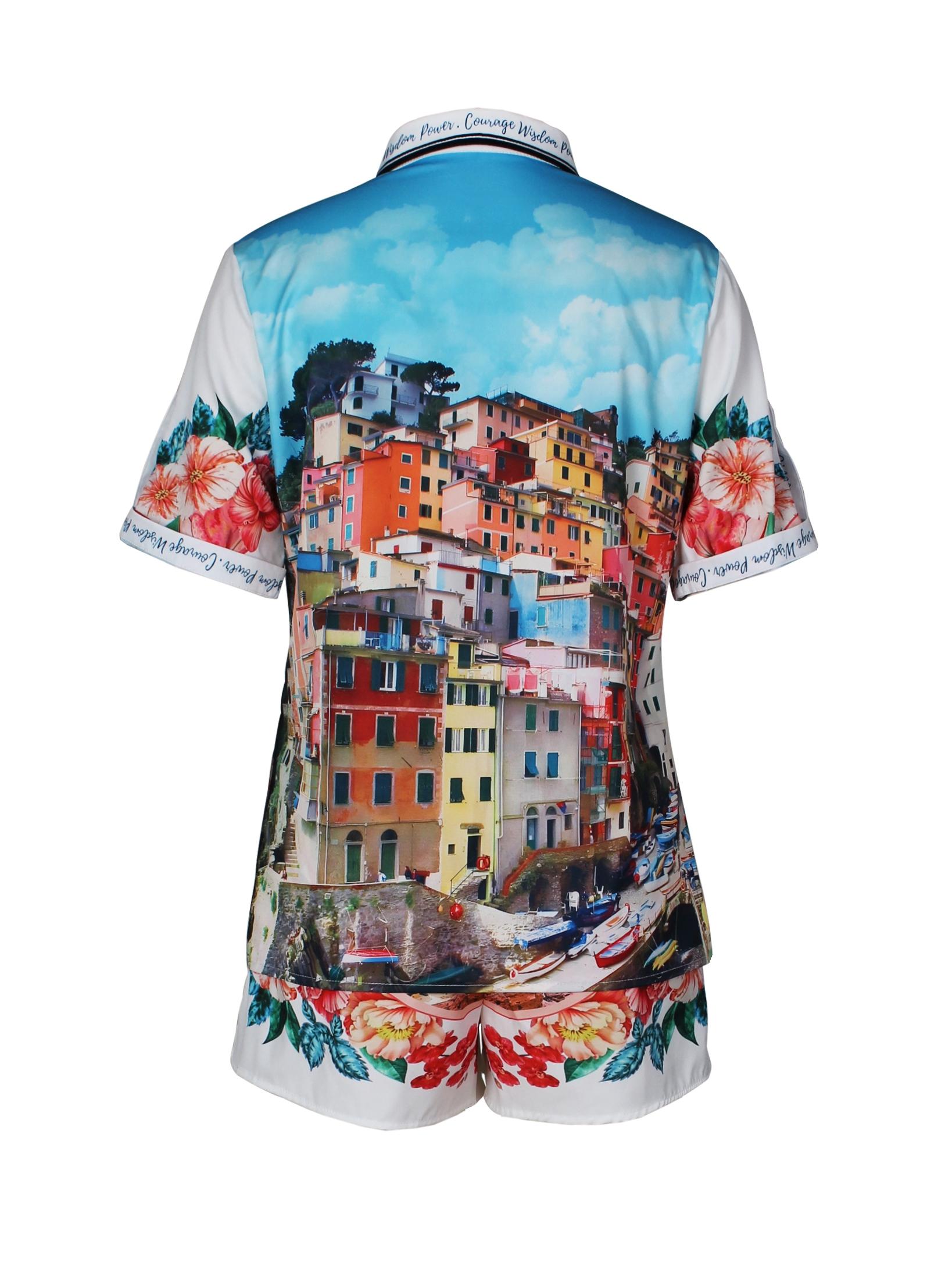 Women's 2 Piece Outfits Summer Floral Print 2 Pieces Shorts Sets for Women Button Down Short Sleeve Shirt and Casual Drawstring Shorts Beachwear Suit Floral City Short Set