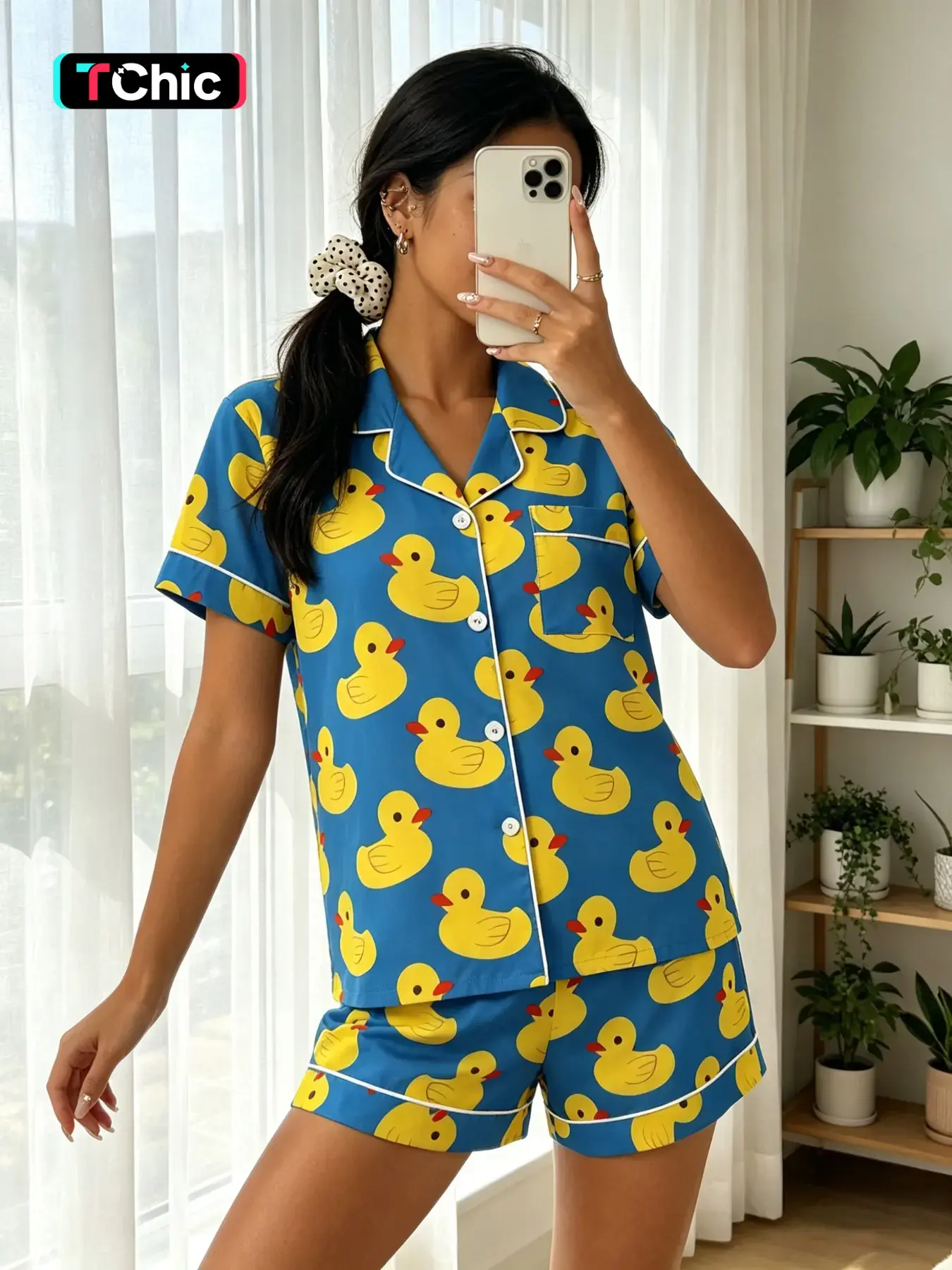 Women's Short Sleeve Pajama Set, Blue Base Duck Print, Loose-Fit Casual Sleepwear, All-Seasons Two-Piece Home