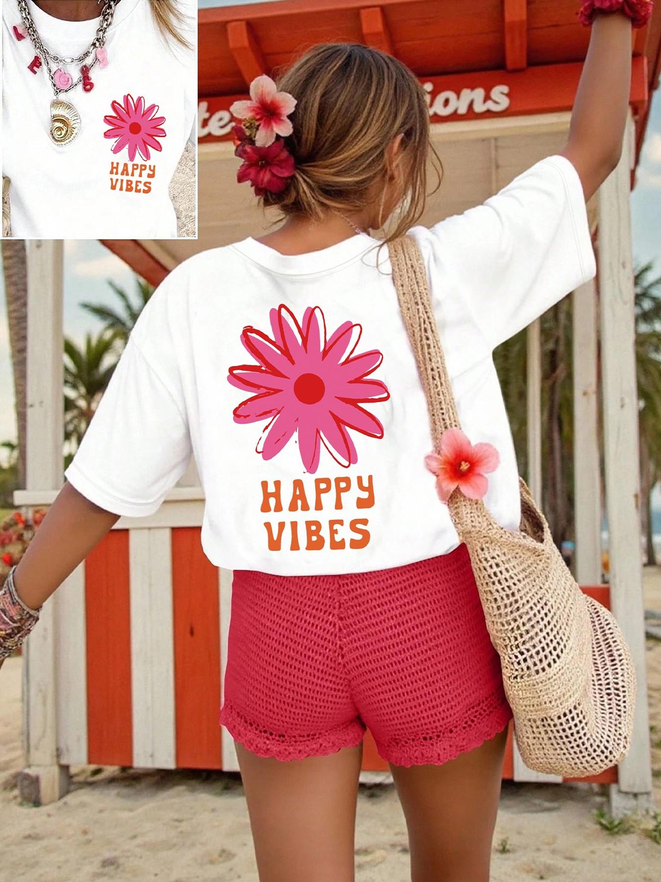 Women's Happy Vibes Flower Graphic Oversized T Shirt, Cute Floral Print 2 Sided Casual Short Sleeve Top, Y2K Boho Aesthetic Tee, Perfect for Vacation, Daily Wear, Coffee Date #springsaledeals2026 #summeroutfits #tiktokshopmademebuyit #happyvibes