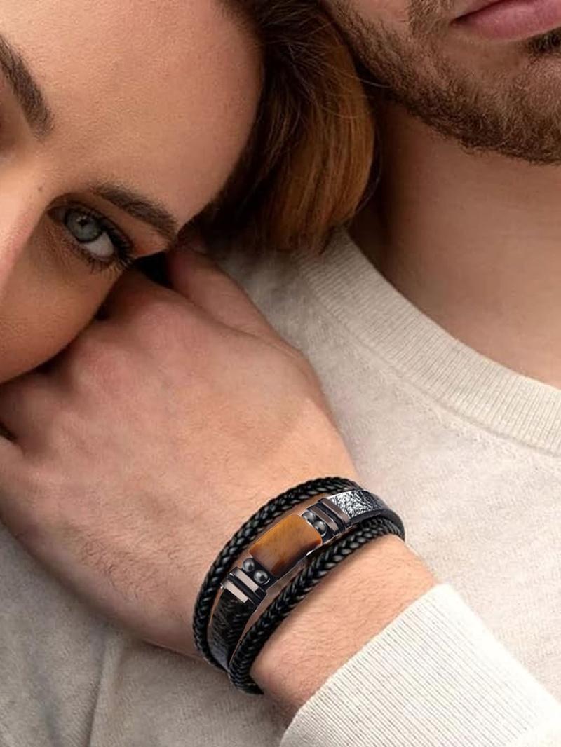 Men's Fashion Braided Textured Design Layered Bracelet, PU Jewelry for Party, Daily Decor, Trendy All-match & Exquisite Jewelry for Birthday Gift, Stackable Bracelets