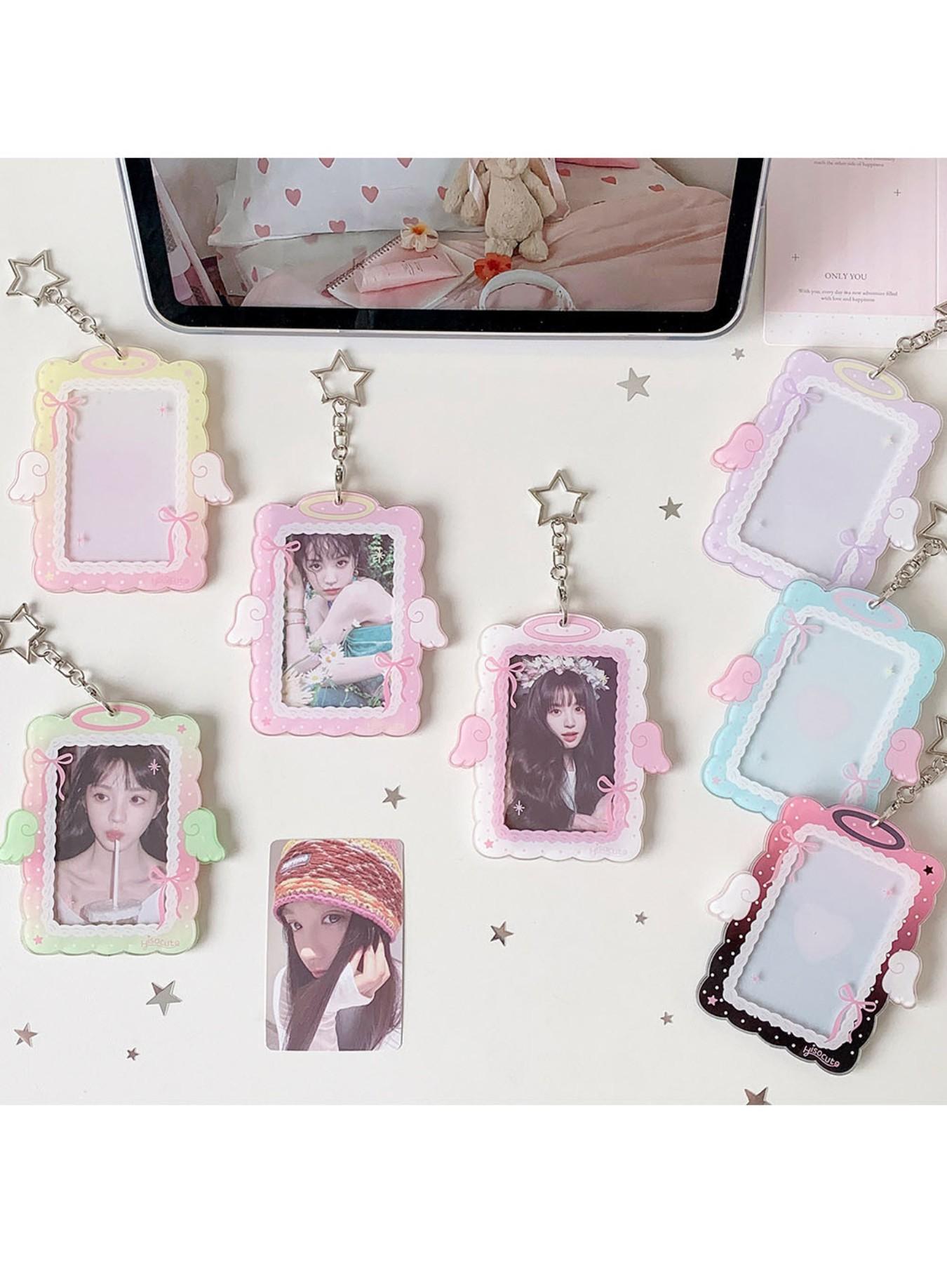 Sweet Girl 3 Inch Angel Wings Keychain Card Holder, Student Hollow Out Visible Small Card Display Case, Idol Fan Accessory, Id Holders For Badges, Id Badge Holder, Badge Accessories