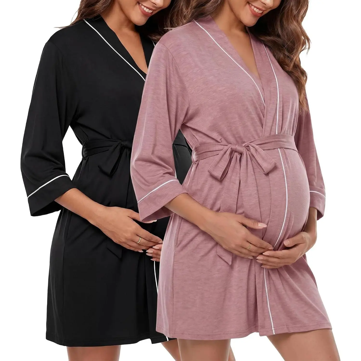 2 Pcs Women Maternity Nursing Robe Labor Hospital Delivery Gown 3/4 Sleeve Pregnant 3 in 1 Kimono Breastfeeding Robe