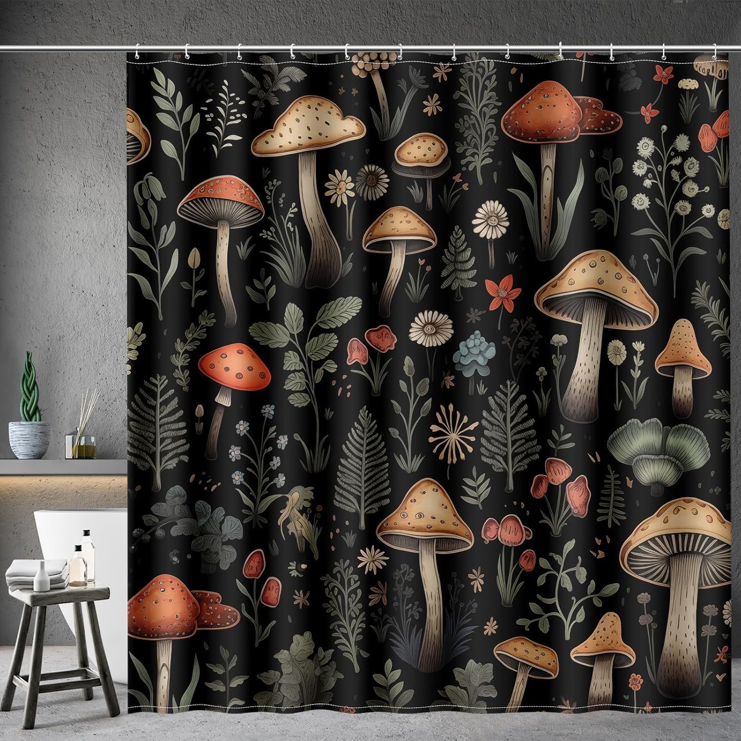Vintage Dark Cottagecore Mushroom Shower Curtain - Retro Botanical Wildflower Print, Waterproof Fabric Curtain with 12 Hooks | Whimsical Gothic Bathroom Decor #showercurtain #mushroom #cottagecore #vintage #botanical #waterproofcurtain  #gothicdecor