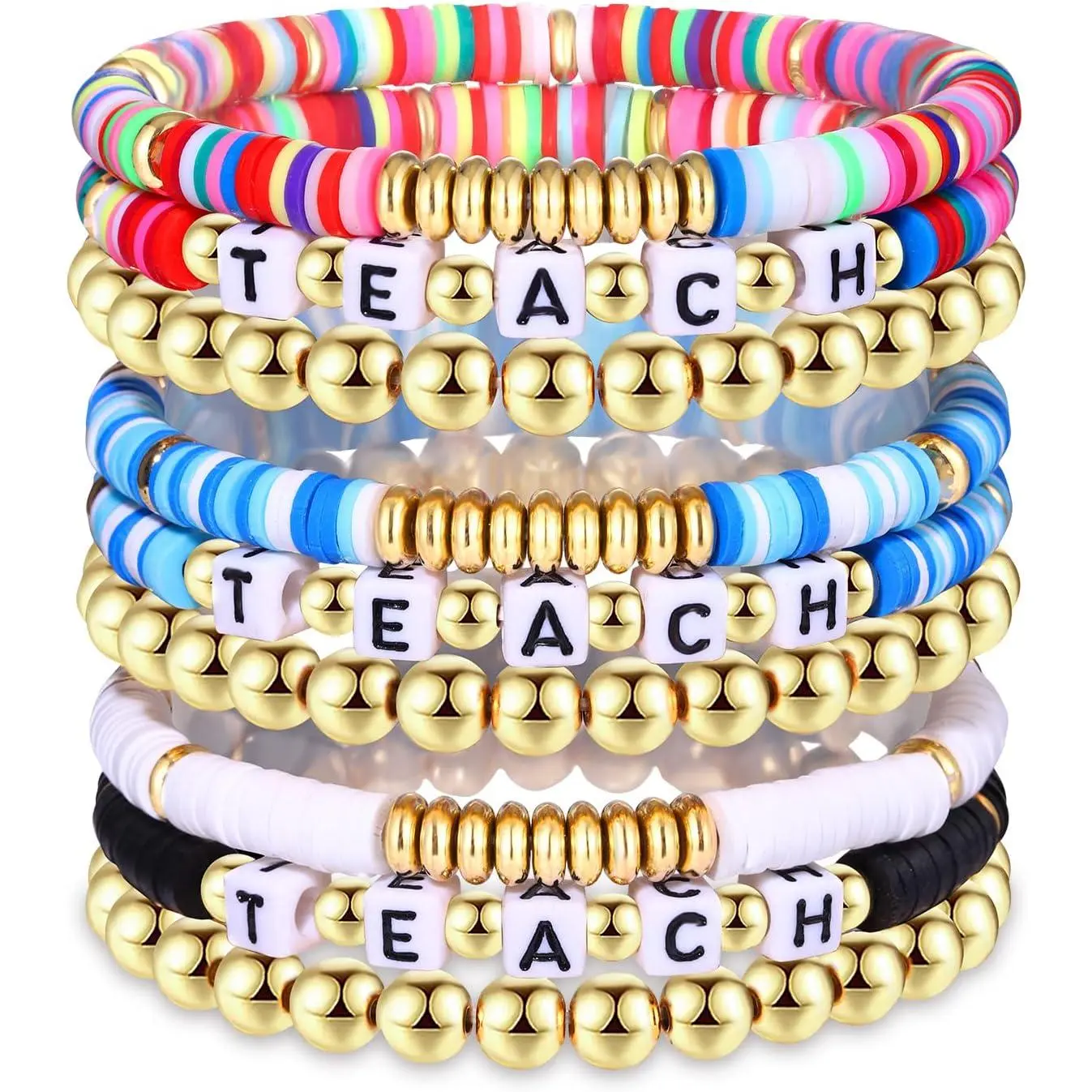 9 Pack Heishi Teacher Bracelets Stackable Rainbow Heishi Teach Beaded Stretchy Bracelet Preppy   to School Teacher Appreciation Gifts