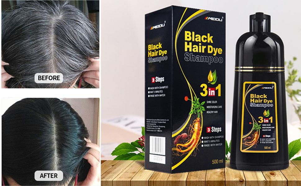 MEIDU Dark Brown Hair Dye Shampoo 3 in 1 - Can cover gray hairs, Herbal Ingredients, Contains Ginseng Extract, Natural Haircoloring