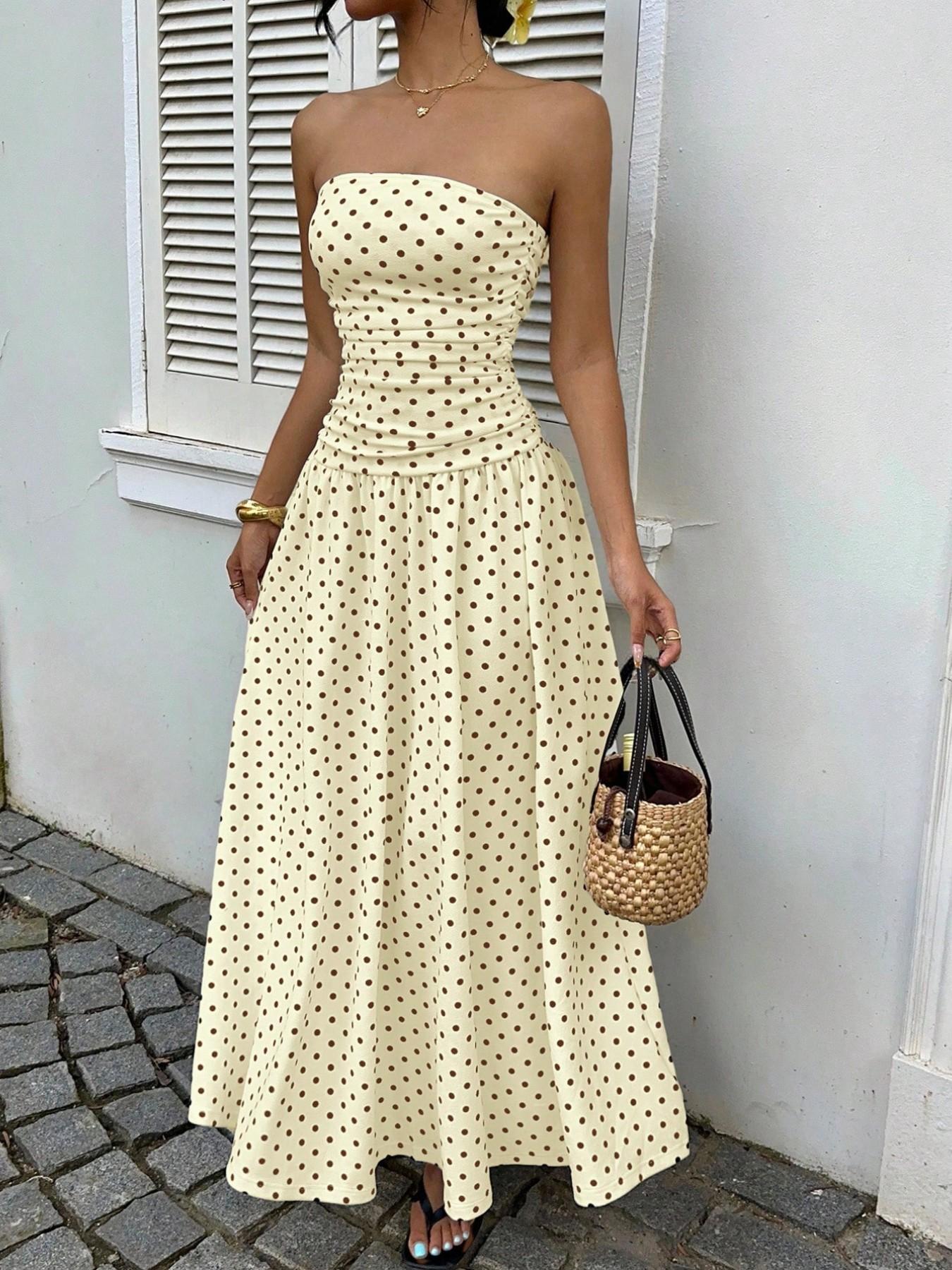 Women's Elegant Chic Fashion Polka Dot Strapless Dress, Stylish Sleeveless Maxi Dress for Parties and Casual Wear Womenswear, Elegant Evening Dress Women's Elegant Chic Fashion Polka Dot Strapless Dress, Stylish Sleeveless Maxi Dress for Parties and Casual Wear Womenswear, Elegant Evening Dress