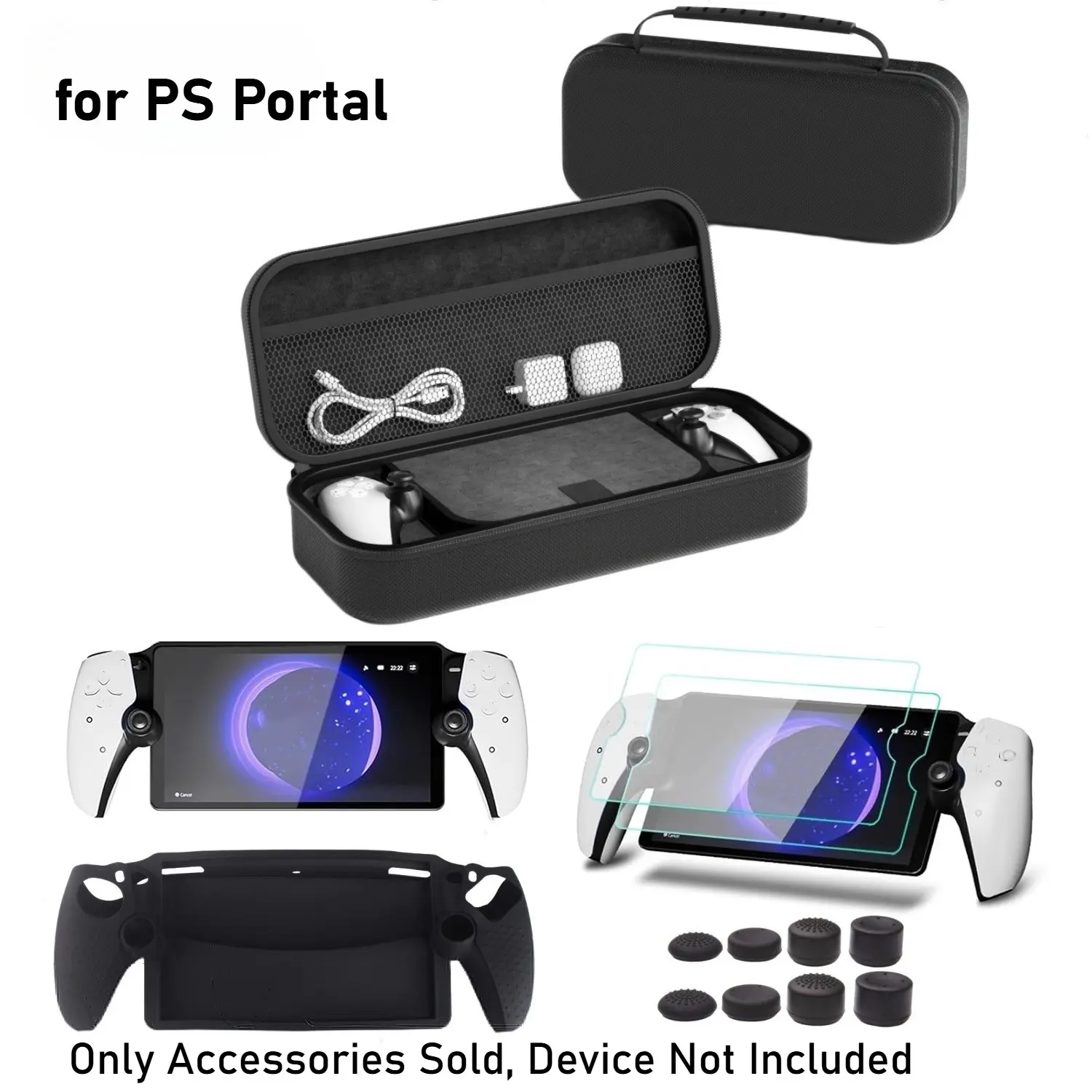 Hard Carrying Shell Case for PlayStation Portal Remote Player - with 2 Screen Protector, 1 Grip Case, 8 Thumb Grip Caps, Hard Outer Cover for PS5 Portal, Black gray, Game Console Accessories, Gaming Console Accessories